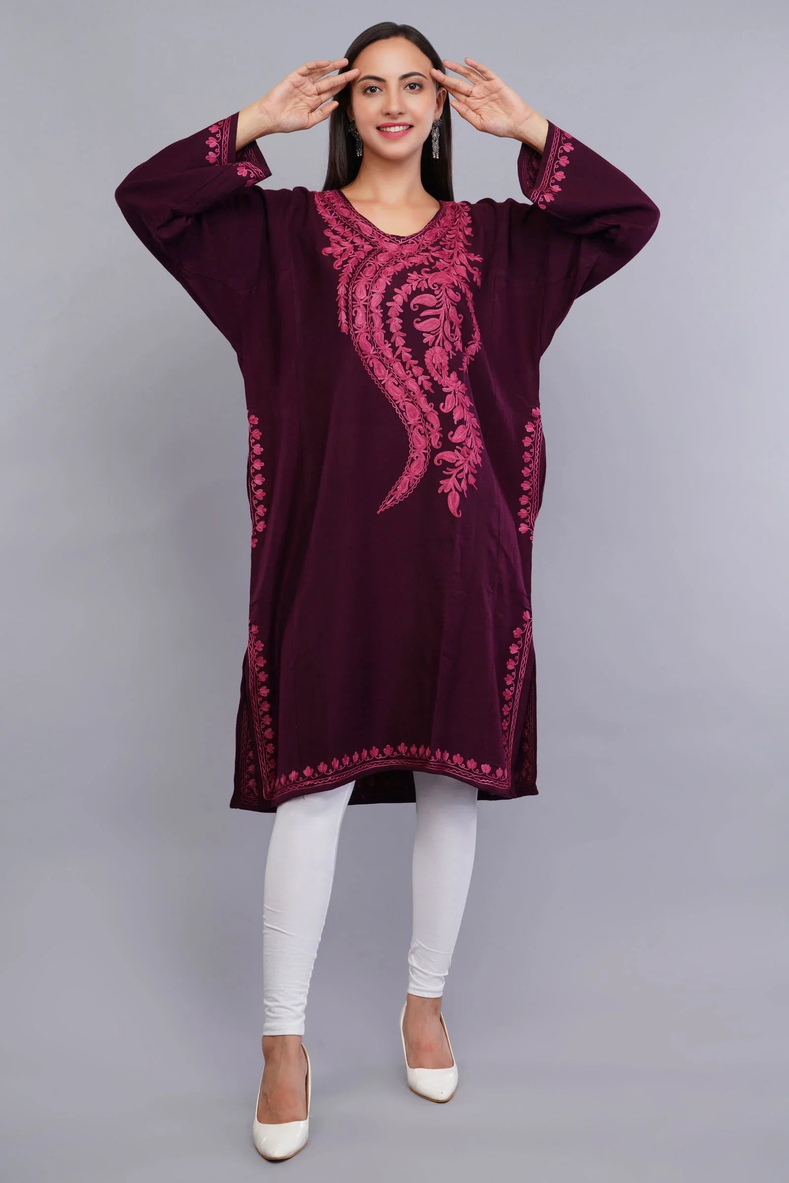 Magenta Red Kashmiri Pheran with Pink Paisley Aari Embroidery - Kashmiri Pheran