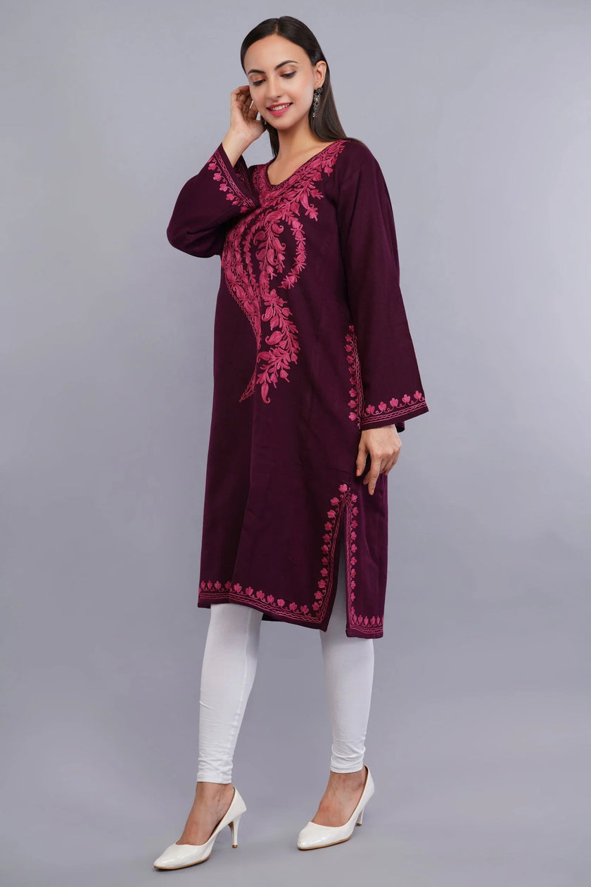 Magenta Red Kashmiri Pheran with Pink Paisley Aari Embroidery - Kashmiri Pheran