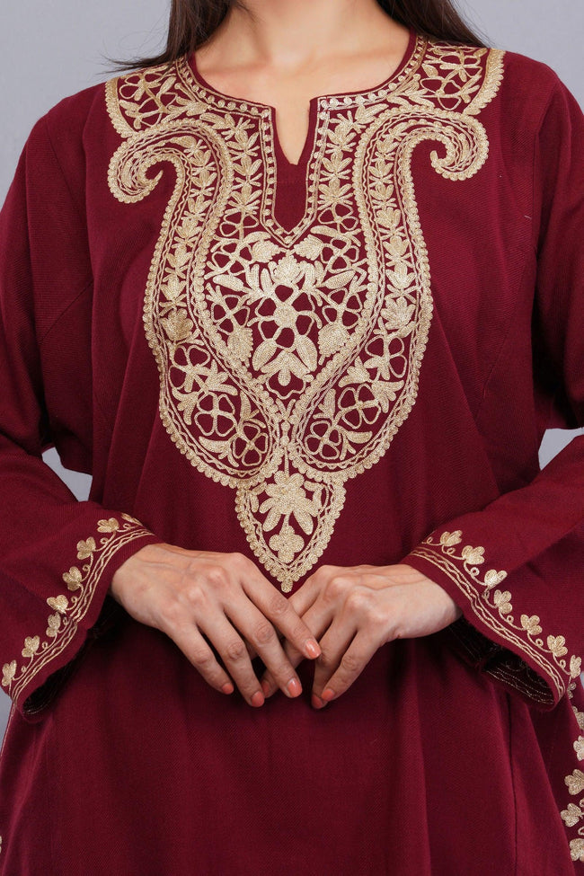 Maroon Oak Pheran with Golden Zari Embroidery - Kashmiri Pheran