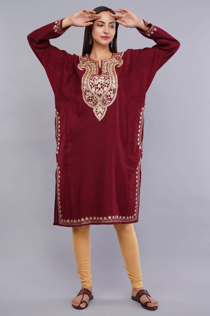 Maroon Oak Pheran with Golden Zari Embroidery - Kashmiri Pheran