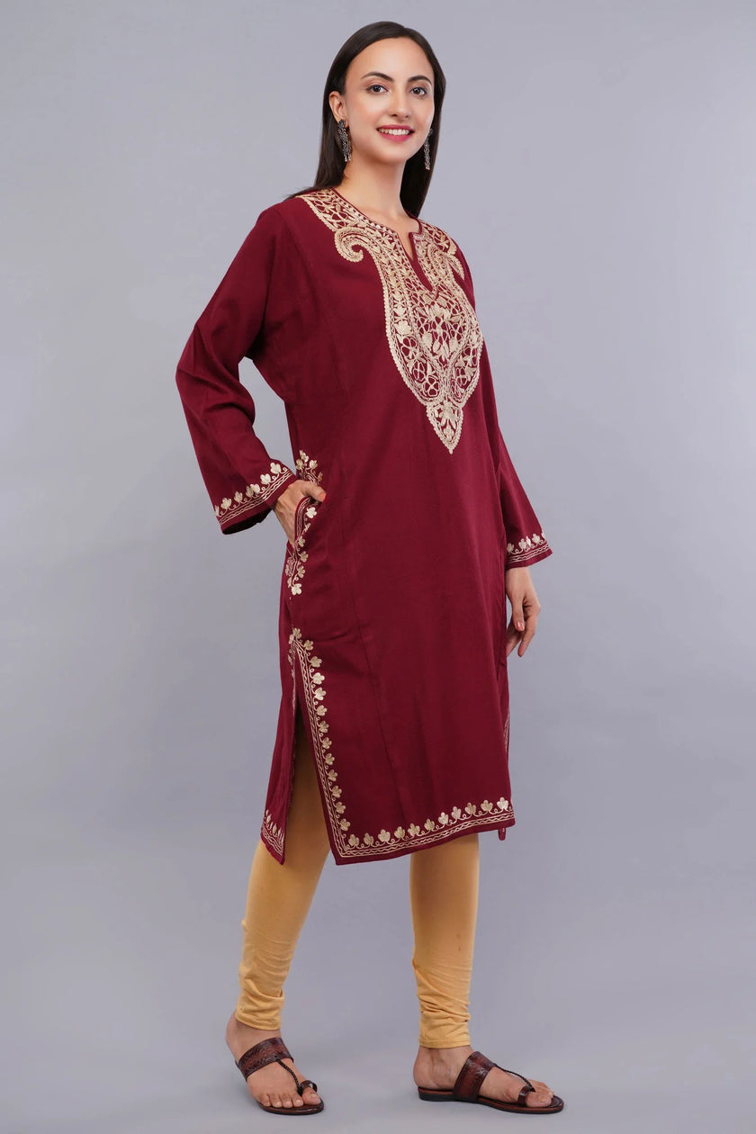 Maroon Oak Pheran with Golden Zari Embroidery - Kashmiri Pheran