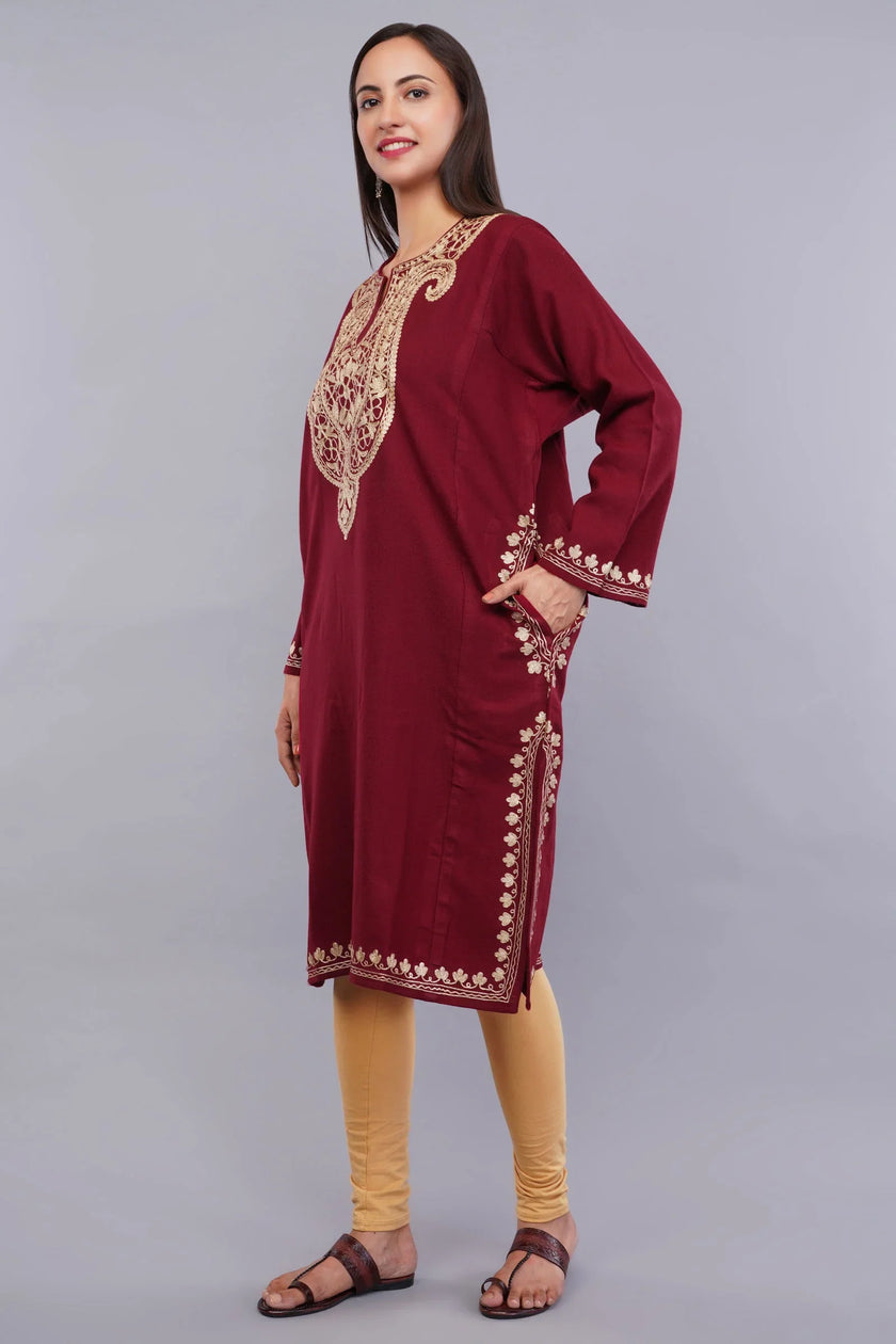 Maroon Oak Pheran with Golden Zari Embroidery - Kashmiri Pheran