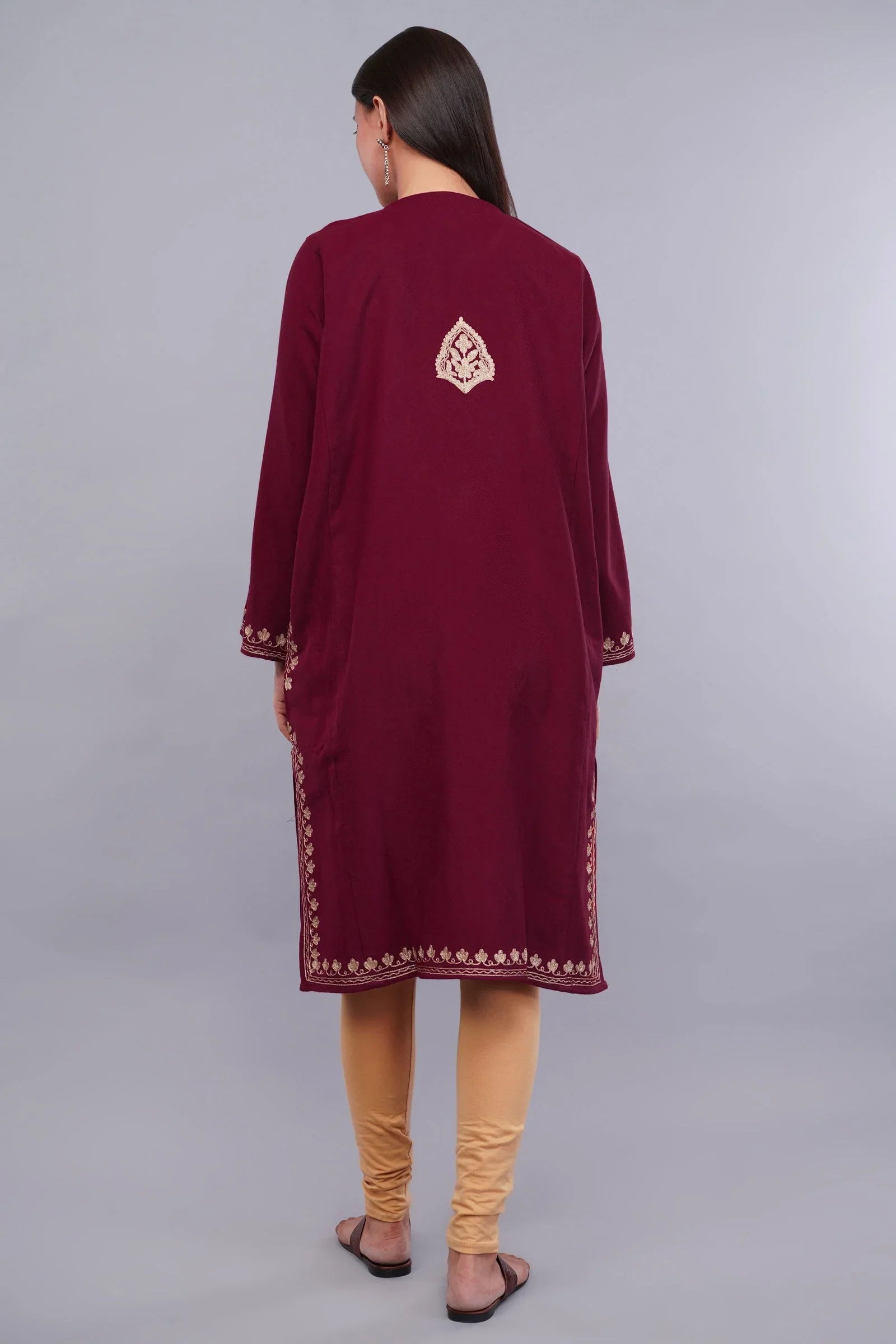 Maroon Oak Pheran with Golden Zari Embroidery - Kashmiri Pheran