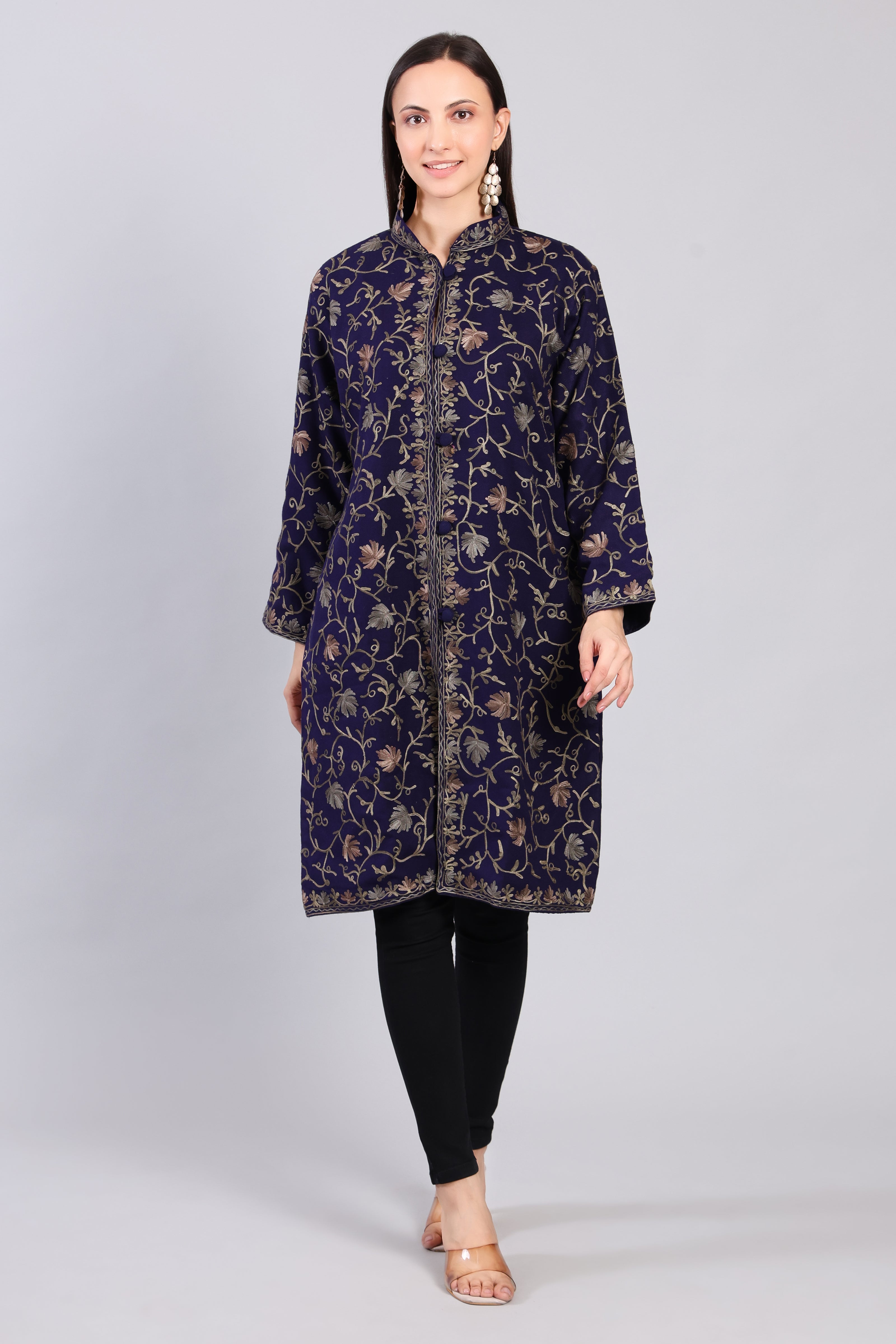 Naaz-e-Gulistan Midnight Blue Kashmiri Wool Jacket with Aari Embroidery-Front