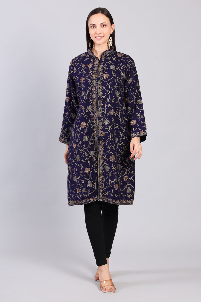 Naaz-e-Gulistan Midnight Blue Kashmiri Wool Jacket with Aari Embroidery-Front
