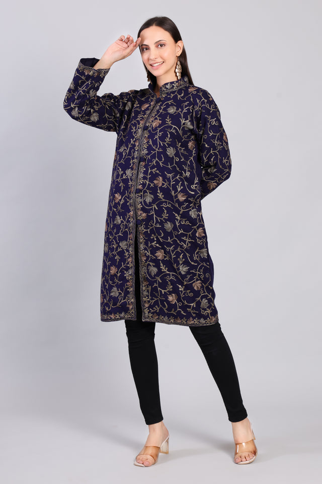 Naaz-e-Gulistan Midnight Blue Kashmiri Wool Jacket with Aari Embroidery-Left