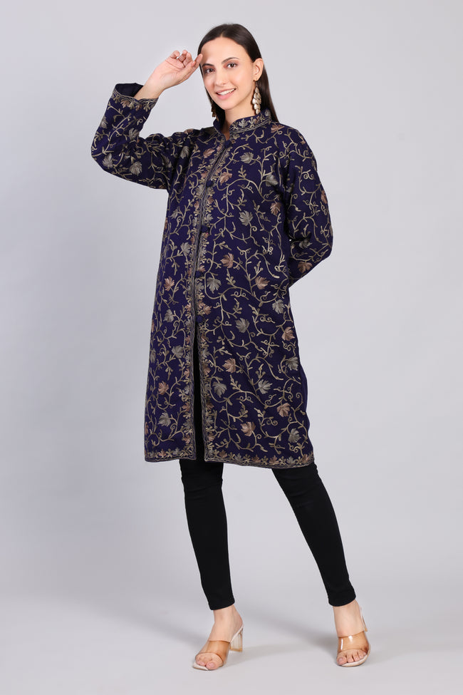 Naaz-e-Gulistan Midnight Blue Kashmiri Wool Jacket with Aari Embroidery-Left