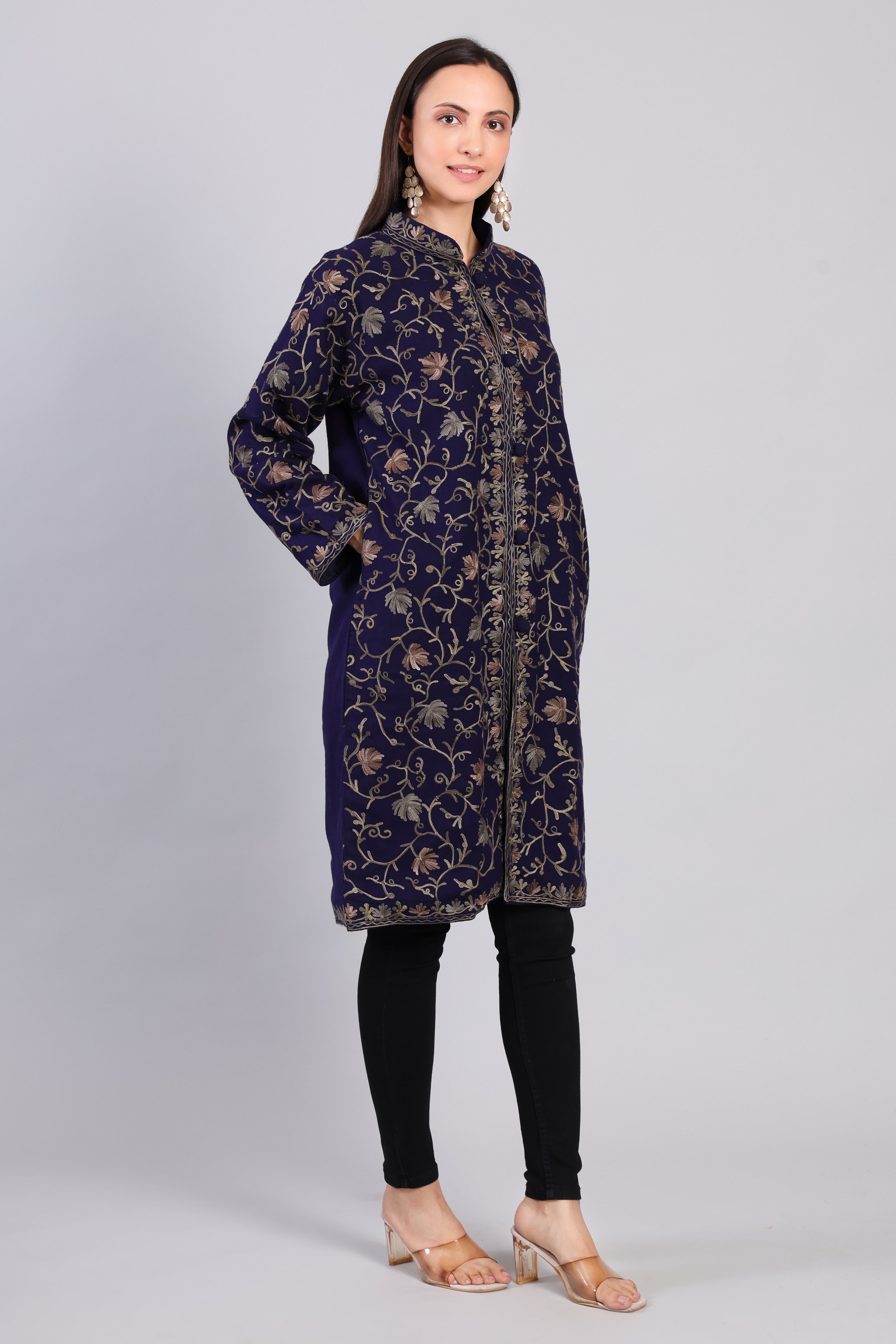Naaz-e-Gulistan Midnight Blue Kashmiri Wool Jacket with Aari Embroidery-Right