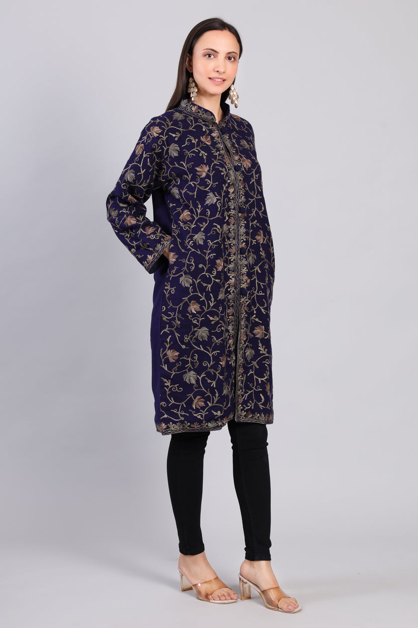 Naaz-e-Gulistan Midnight Blue Kashmiri Wool Jacket with Aari Embroidery-Right