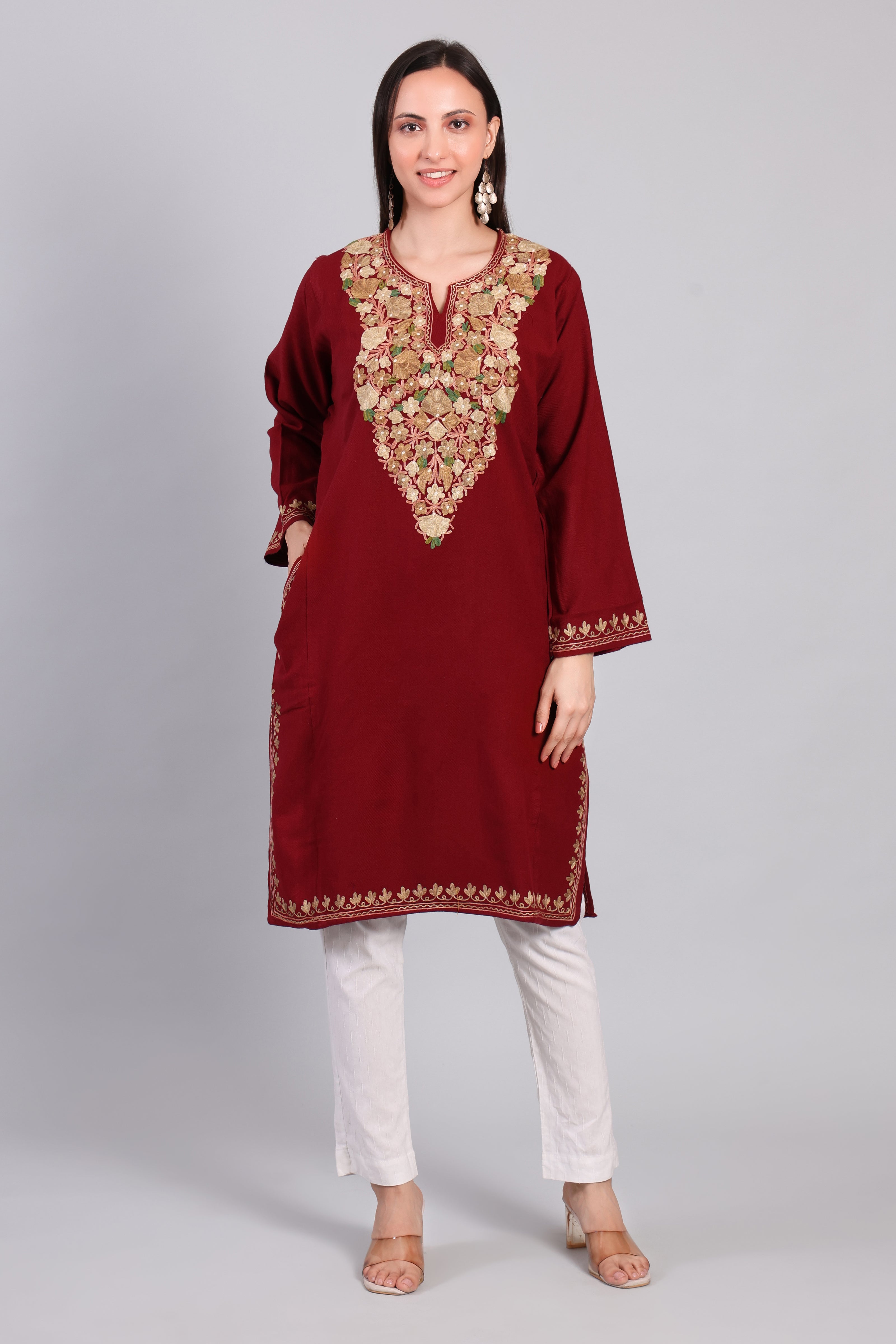 Naqsh-e-Gulnaar — Maroon Pheran with Golden Aari Kashmiri Embroidery-front