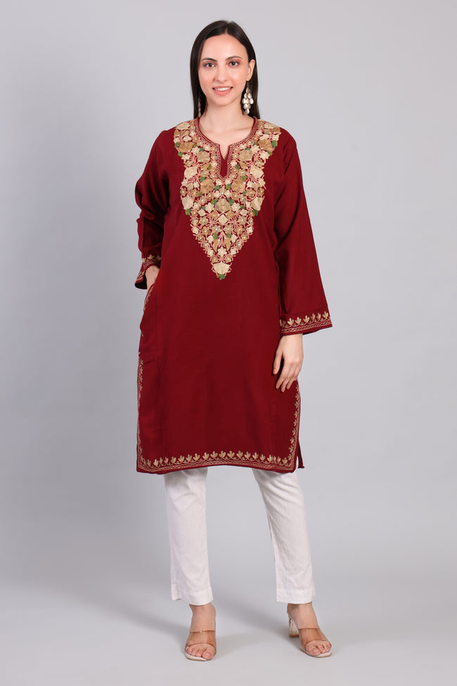 Naqsh-e-Gulnaar — Maroon Pheran with Golden Aari Kashmiri Embroidery-front