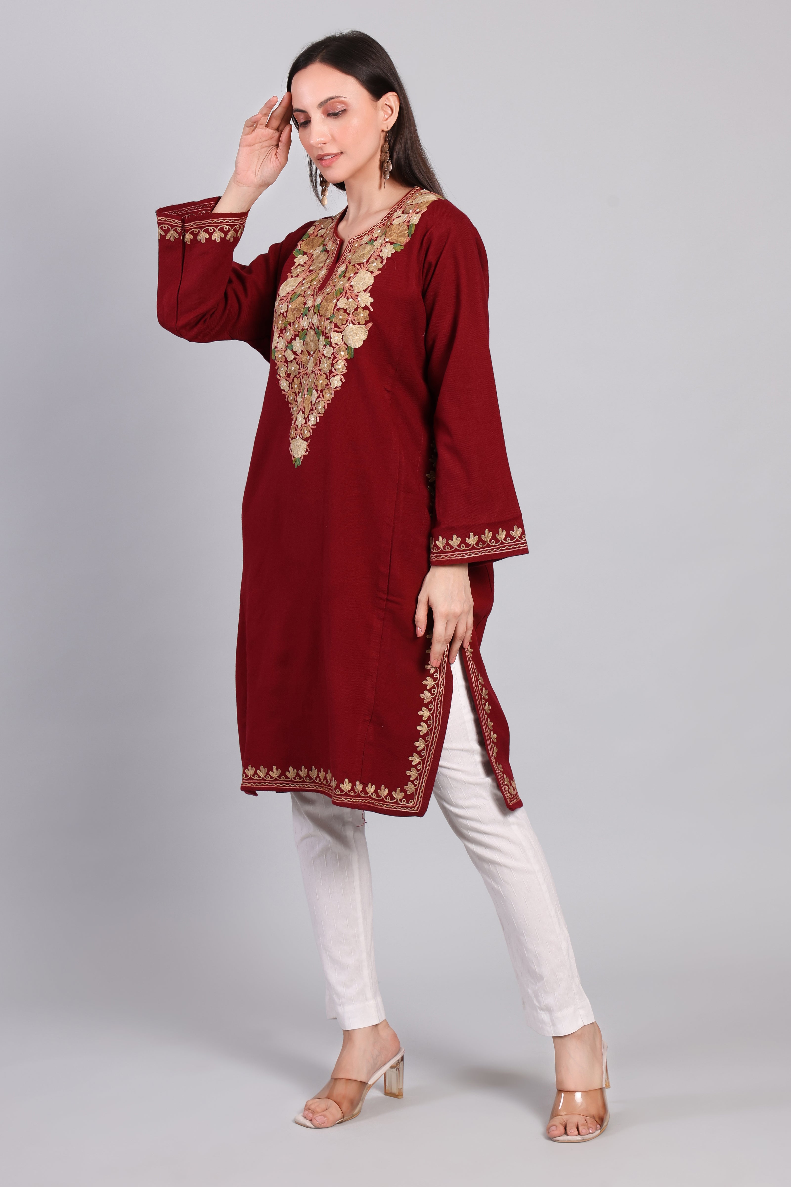 Naqsh-e-Gulnaar — Maroon Pheran with Golden Aari Kashmiri Embroidery-left
