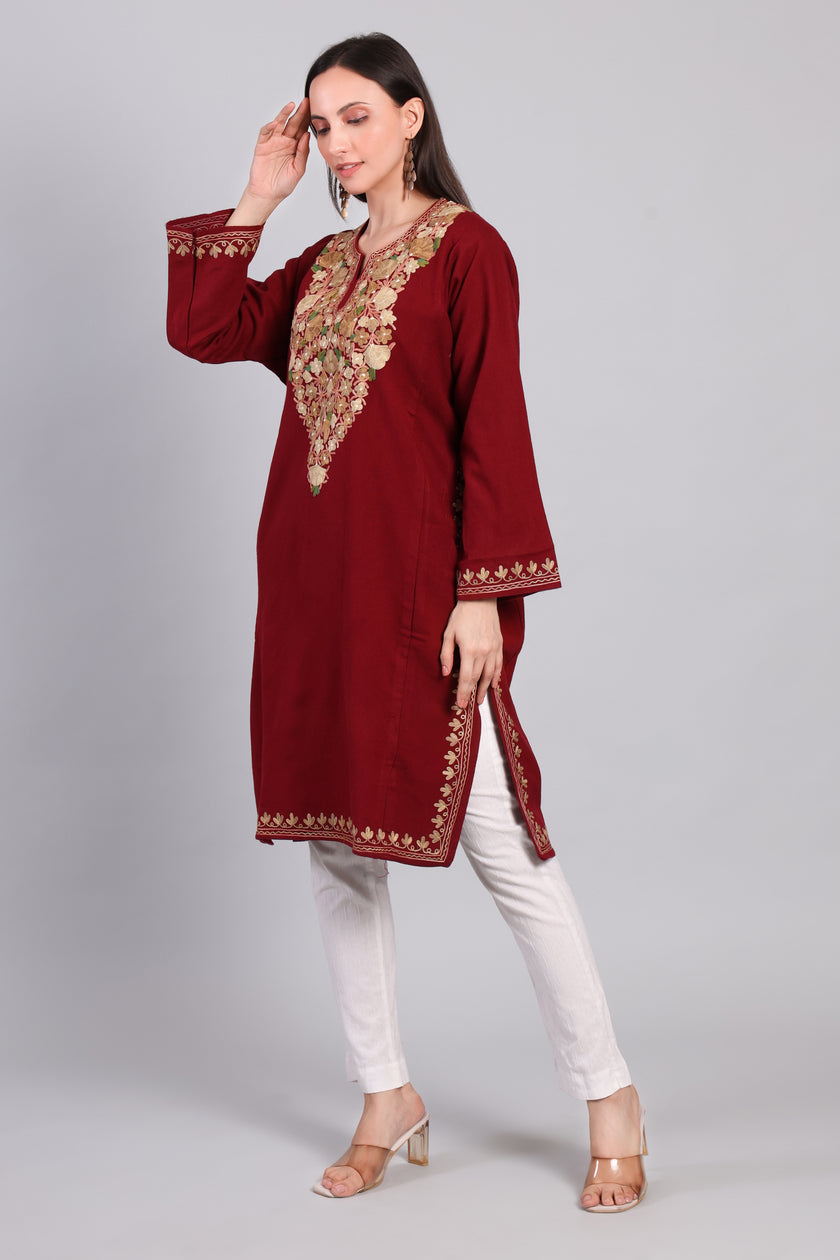Naqsh-e-Gulnaar — Maroon Pheran with Golden Aari Kashmiri Embroidery-left