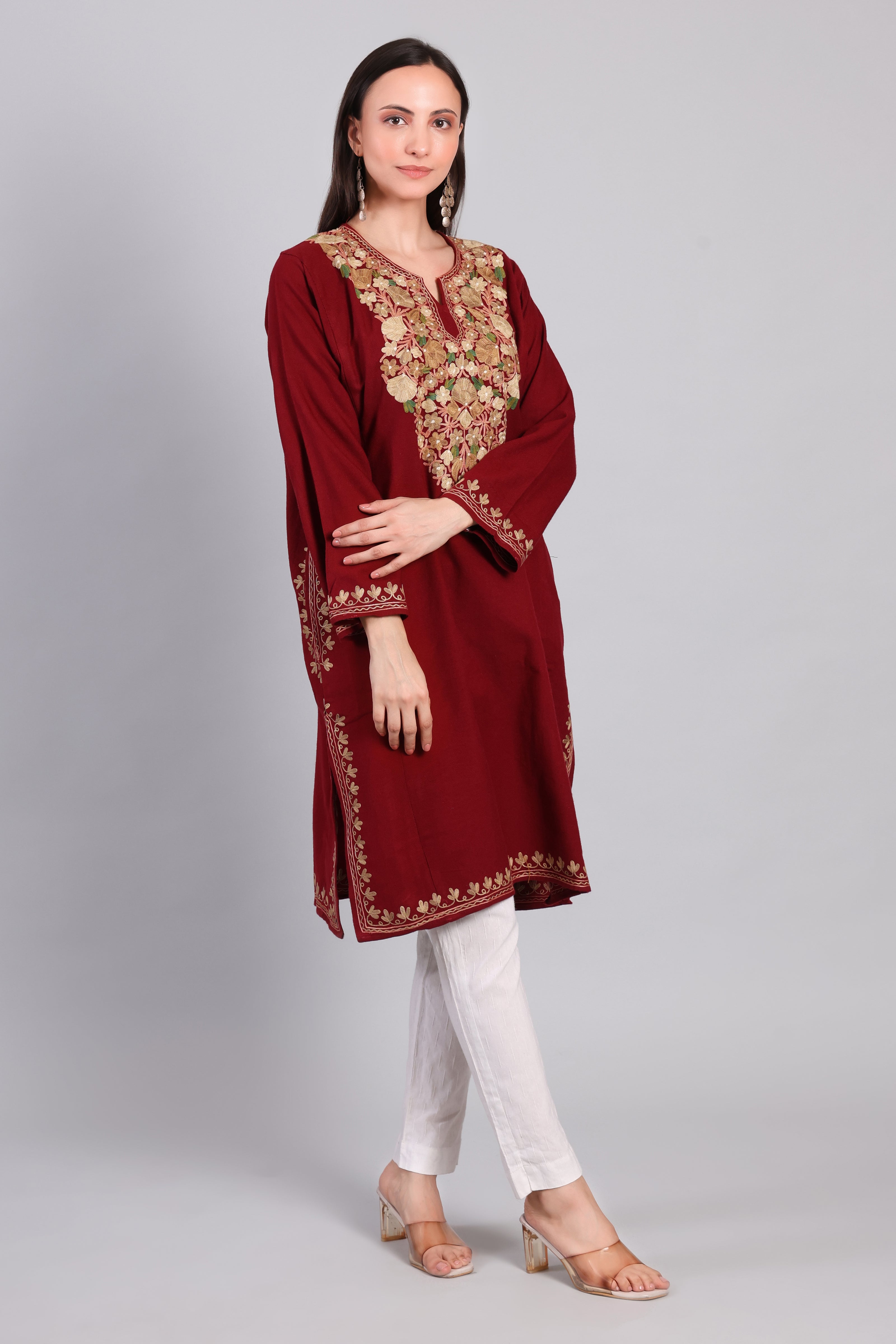 Naqsh-e-Gulnaar — Maroon Pheran with Golden Aari Kashmiri Embroidery-right