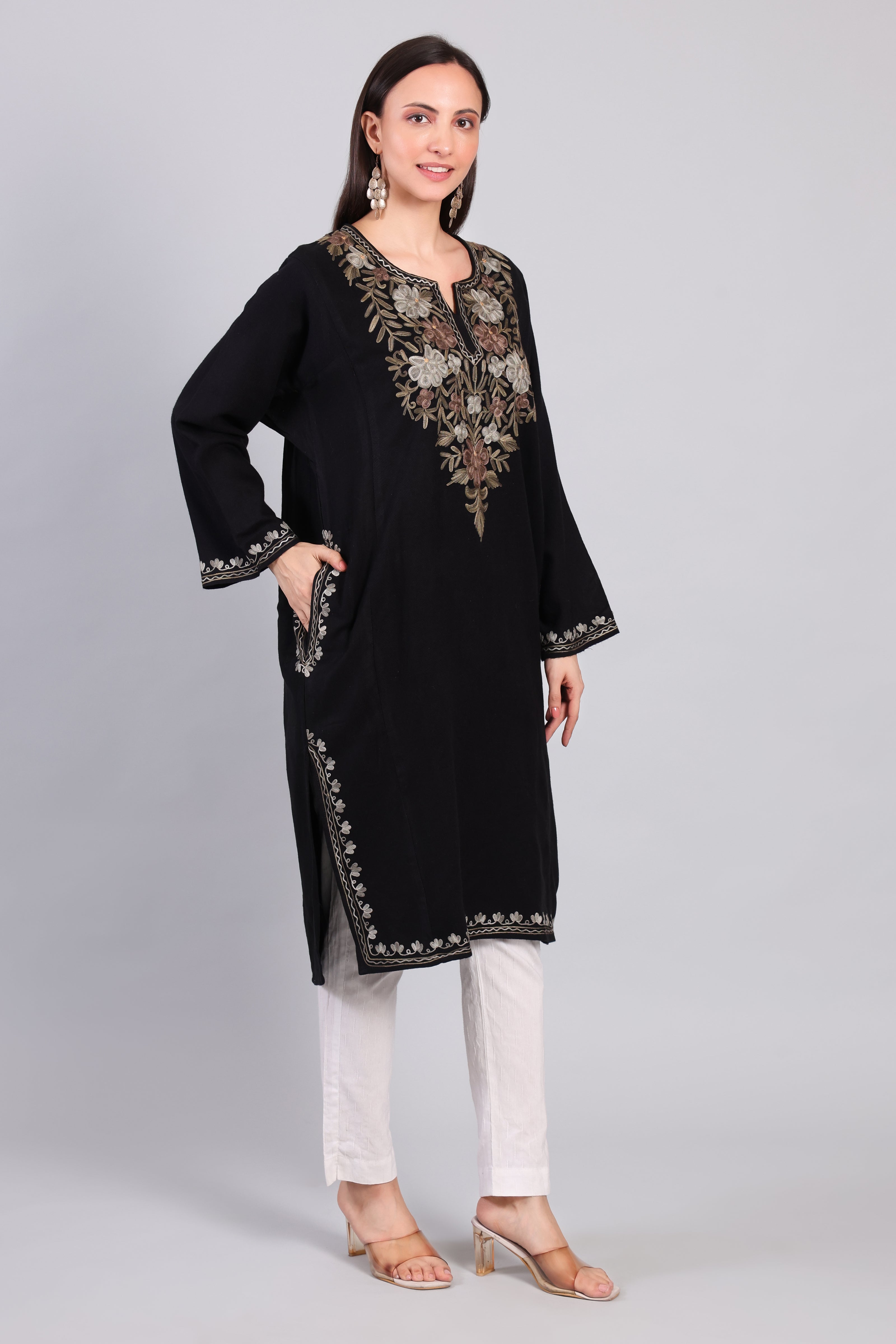 Naqsh-e-Siyah — Black Pheran with Beige and Ivory Aari Kashmiri Embroidery-Left
