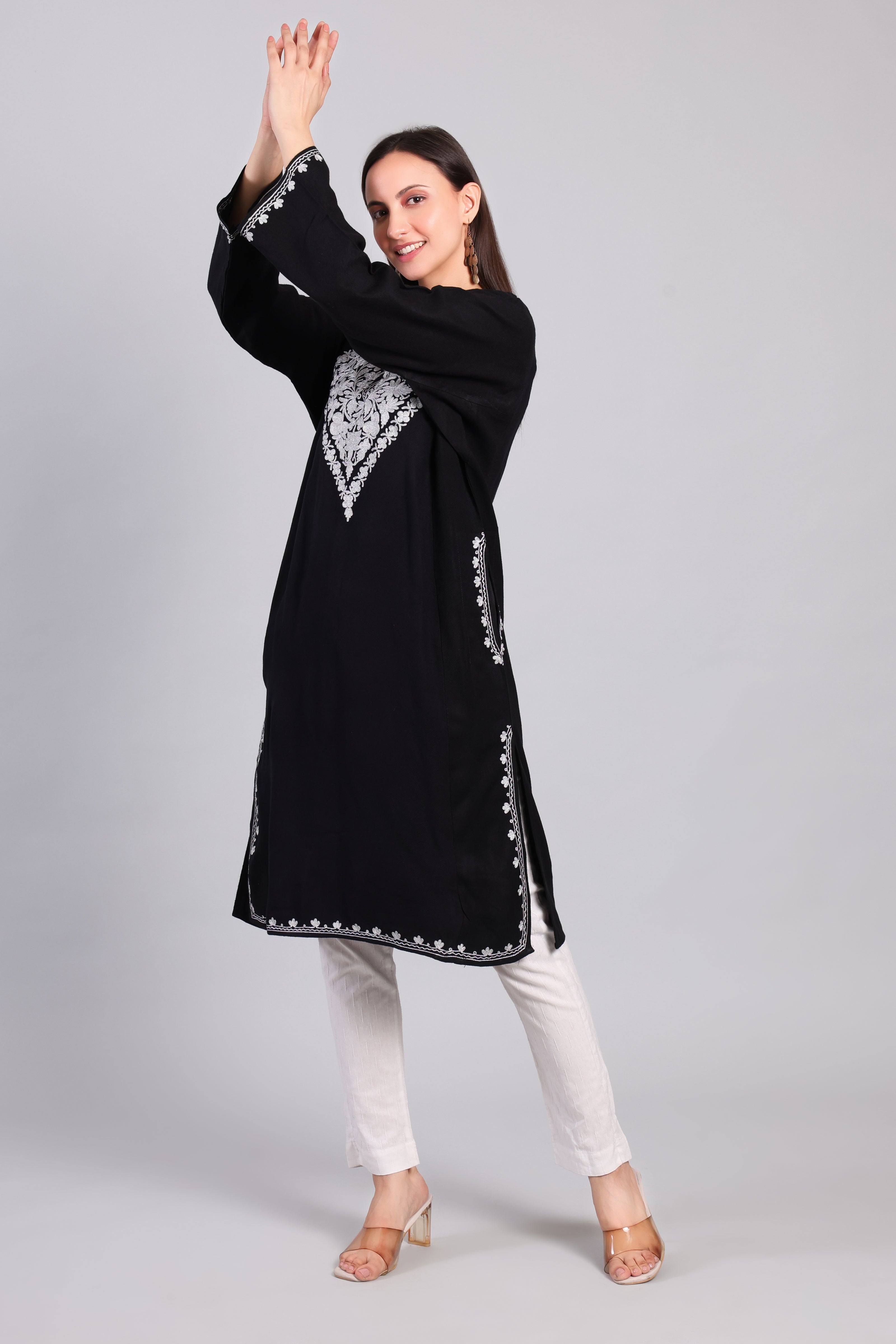 Naqsh-e-Siyah — Black Pheran with Silver Zari Kashmiri Embroidery-Right