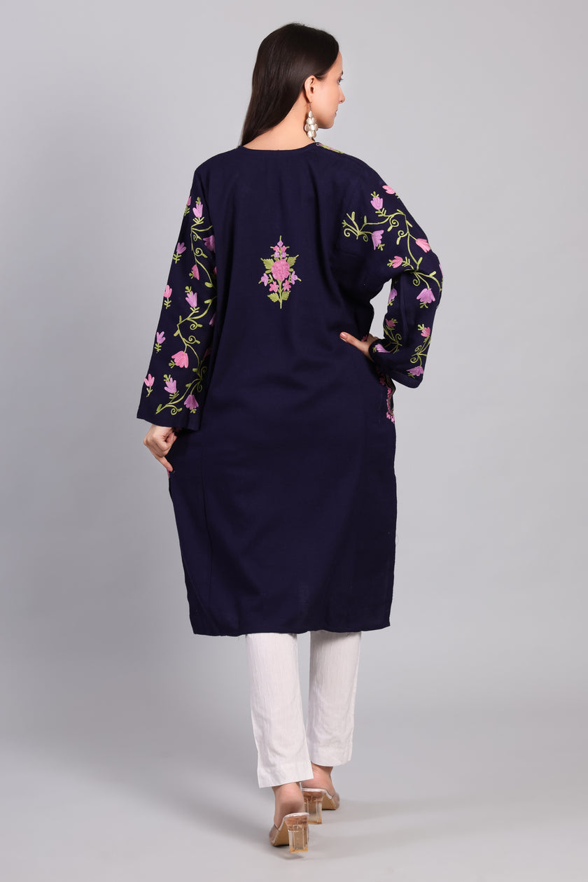Nil-e-Gulzar Navy Pheran with Floral Aari Kashmiri Embroidery-Back