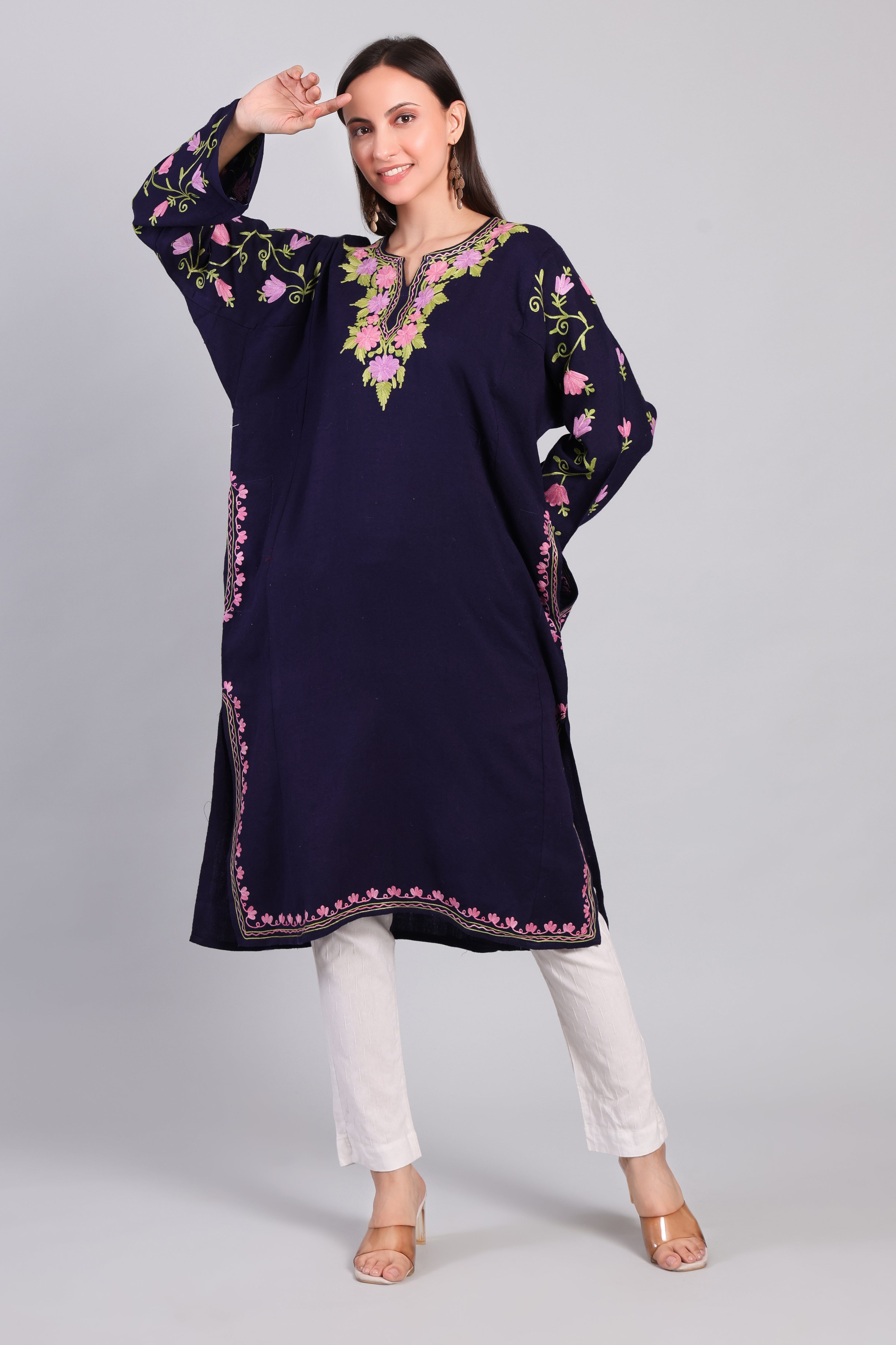 Nil-e-Gulzar Navy Pheran with Floral Aari Kashmiri Embroidery-Front