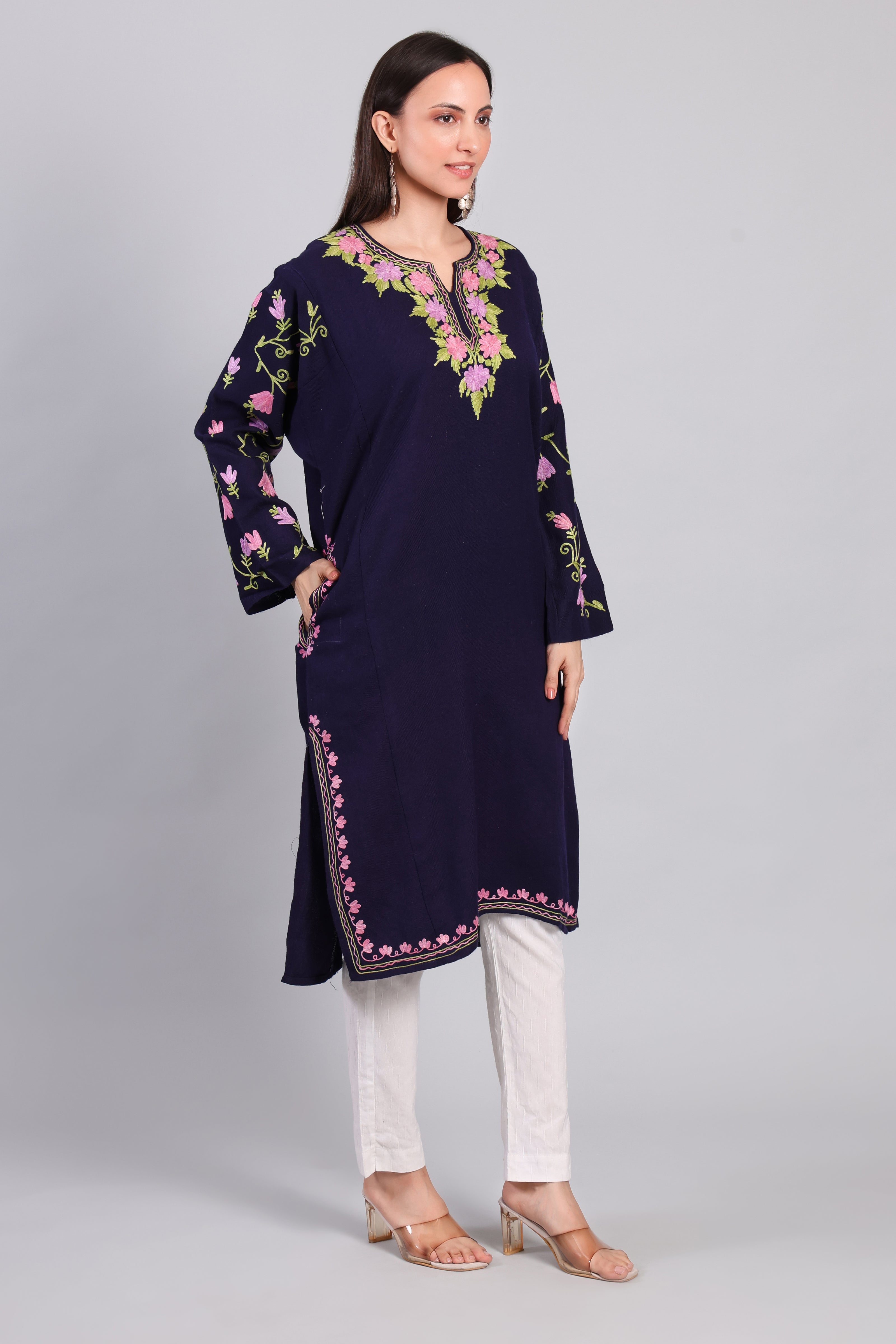 Nil-e-Gulzar Navy Pheran with Floral Aari Kashmiri Embroidery-Side-2