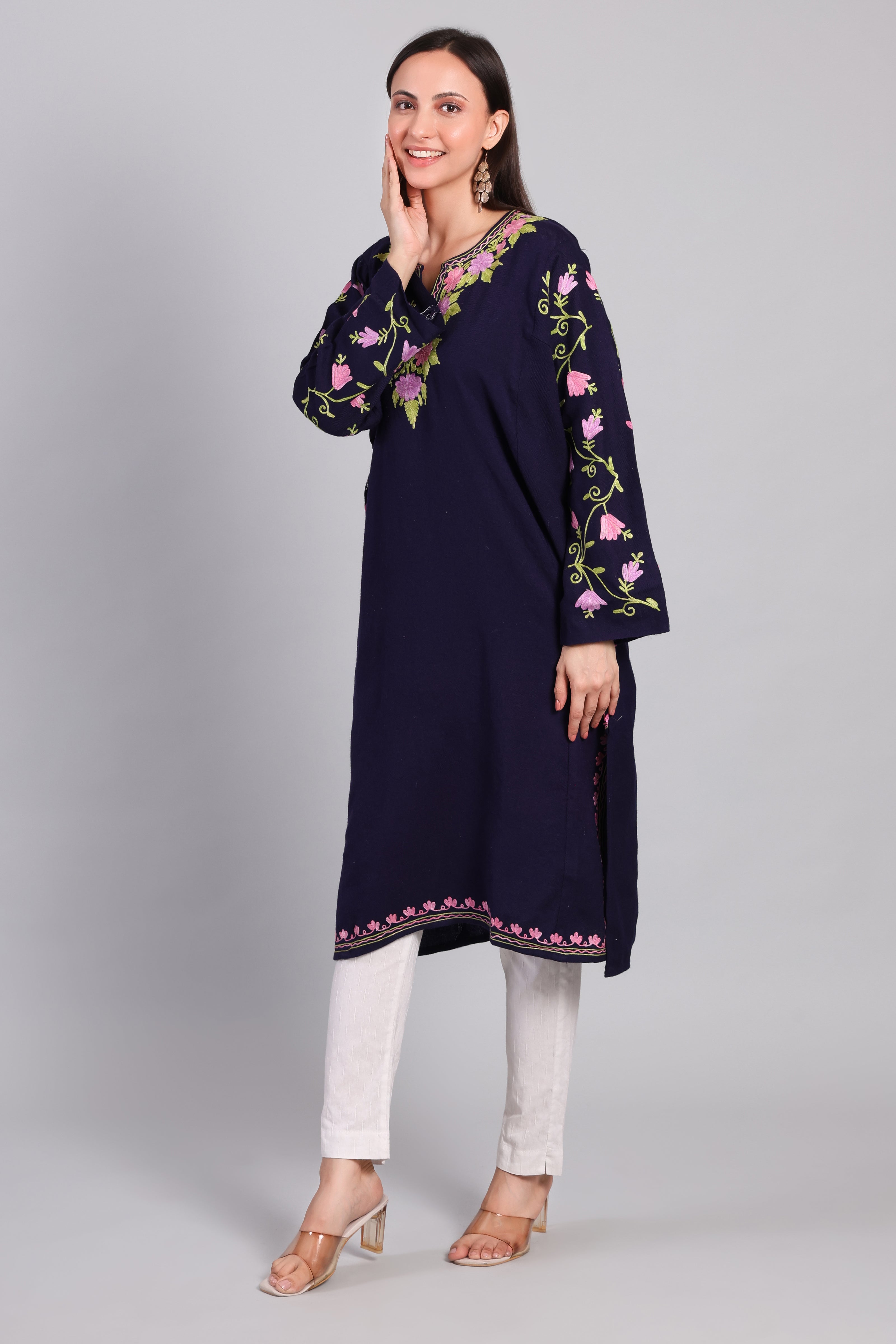 Nil-e-Gulzar Navy Pheran with Floral Aari Kashmiri Embroidery-Side