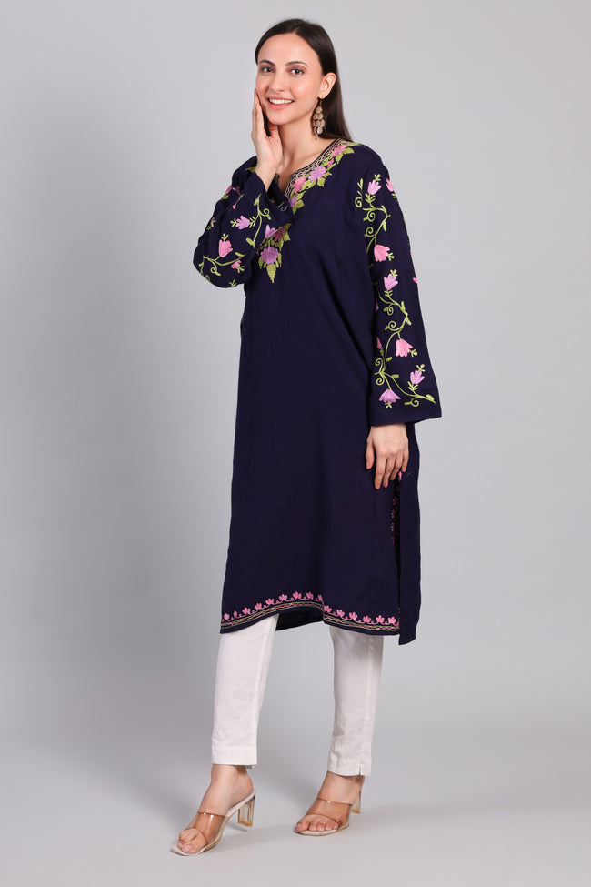 Nil-e-Gulzar Navy Pheran with Floral Aari Kashmiri Embroidery-Side