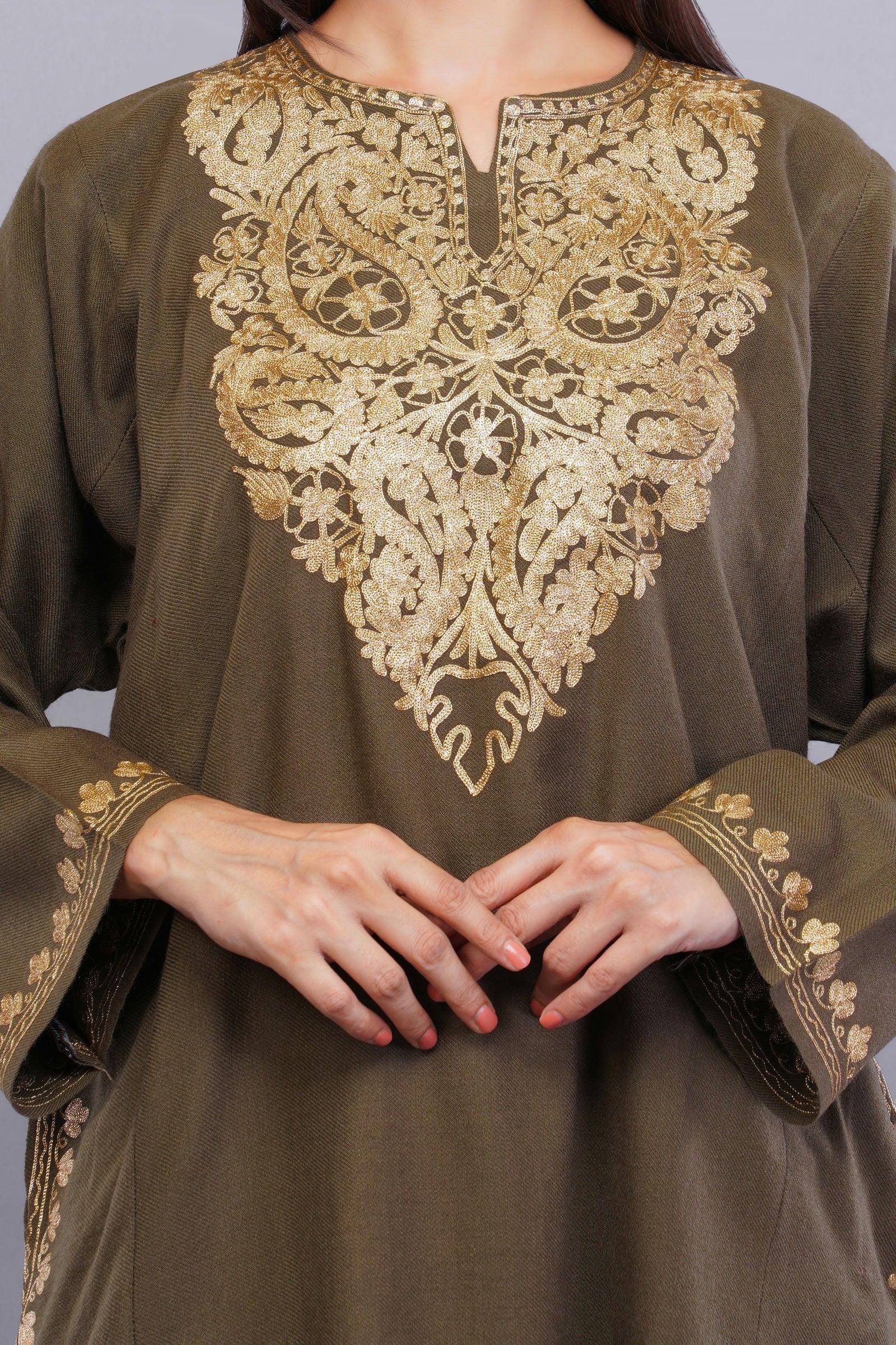 Otter Brown Pheran with Golden Kashmiri Zari Paisley Embroidery - Kashmiri Pheran