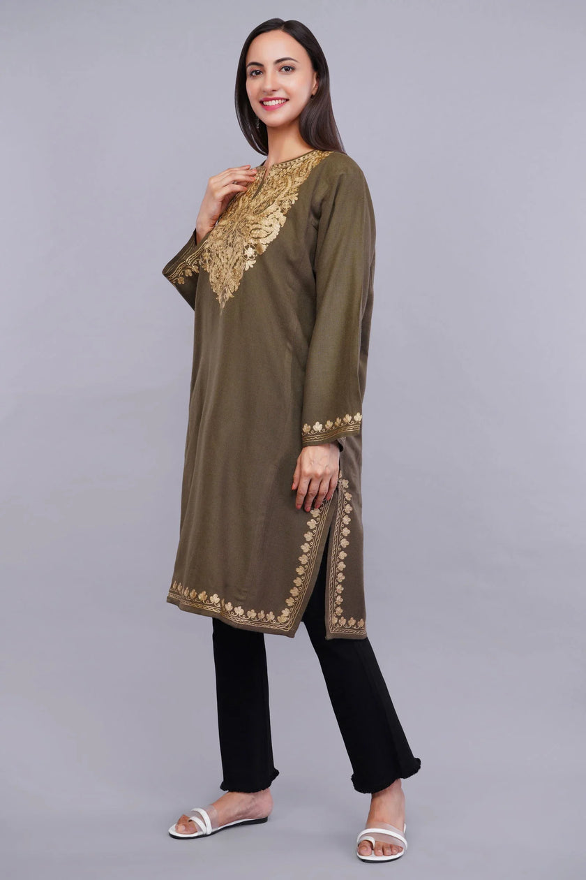 Otter Brown Pheran with Golden Kashmiri Zari Paisley Embroidery - Kashmiri Pheran