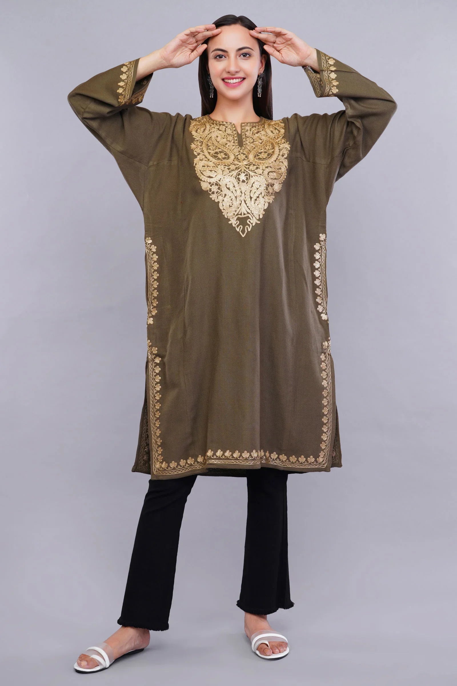 Otter Brown Pheran with Golden Kashmiri Zari Paisley Embroidery - Kashmiri Pheran