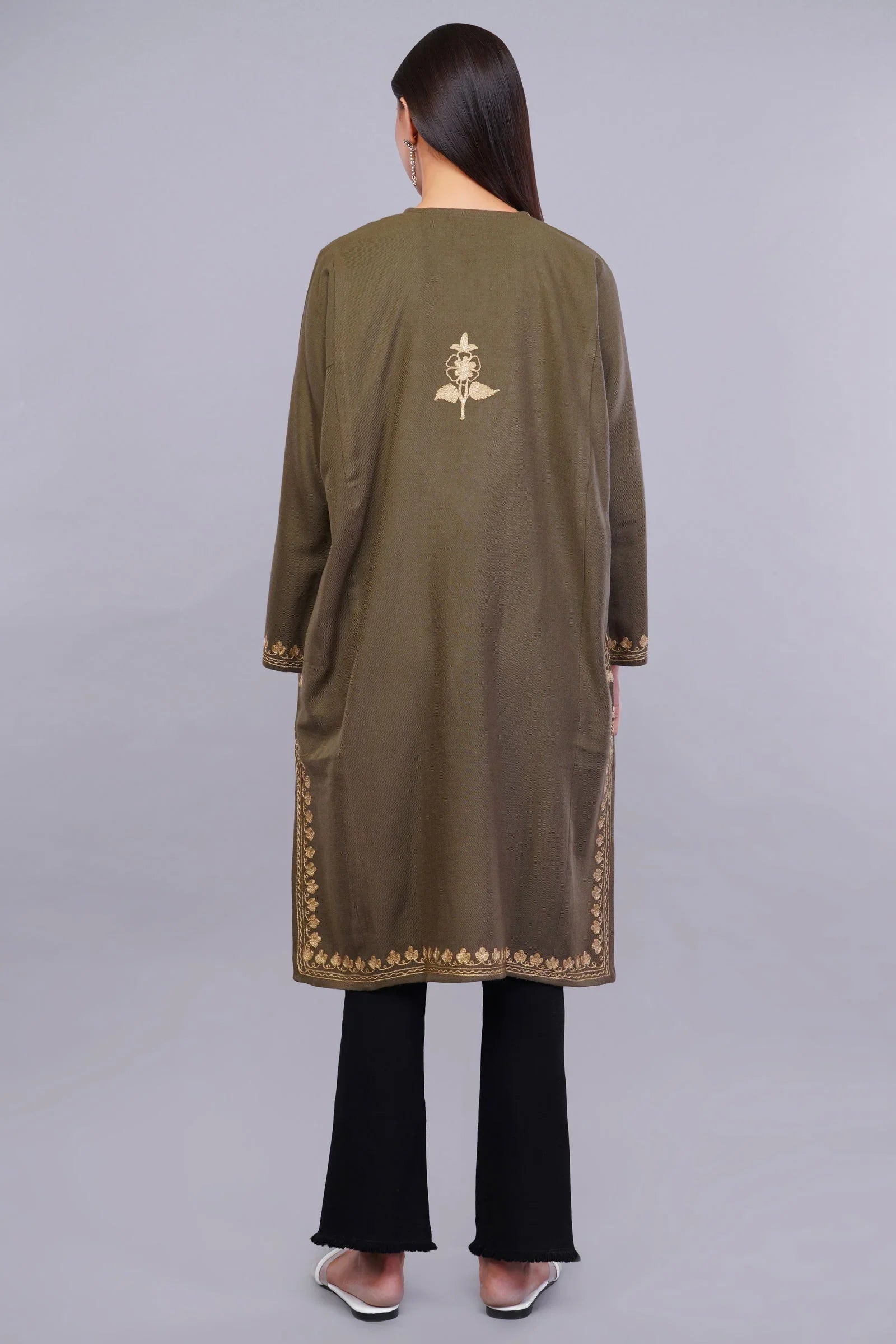 Otter Brown Pheran with Golden Kashmiri Zari Paisley Embroidery - Kashmiri Pheran