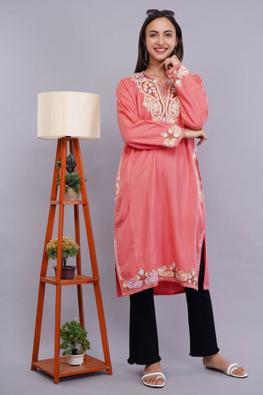 Buy Rudy Pink Aari Embroidered Kashmiri Pheran Elegant Winter Wear