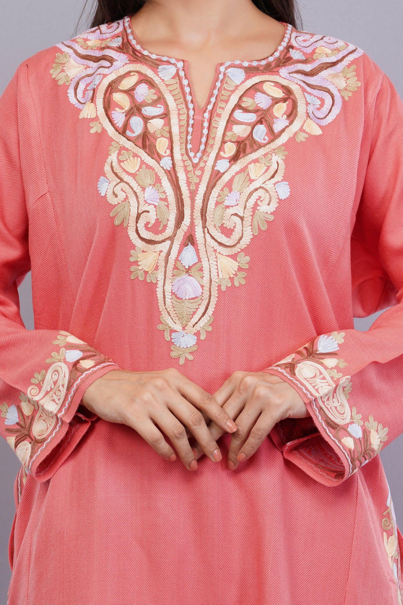 Rudy Pink Aari Embroidered Kashmiri Pheran - Kashmiri Pheran
