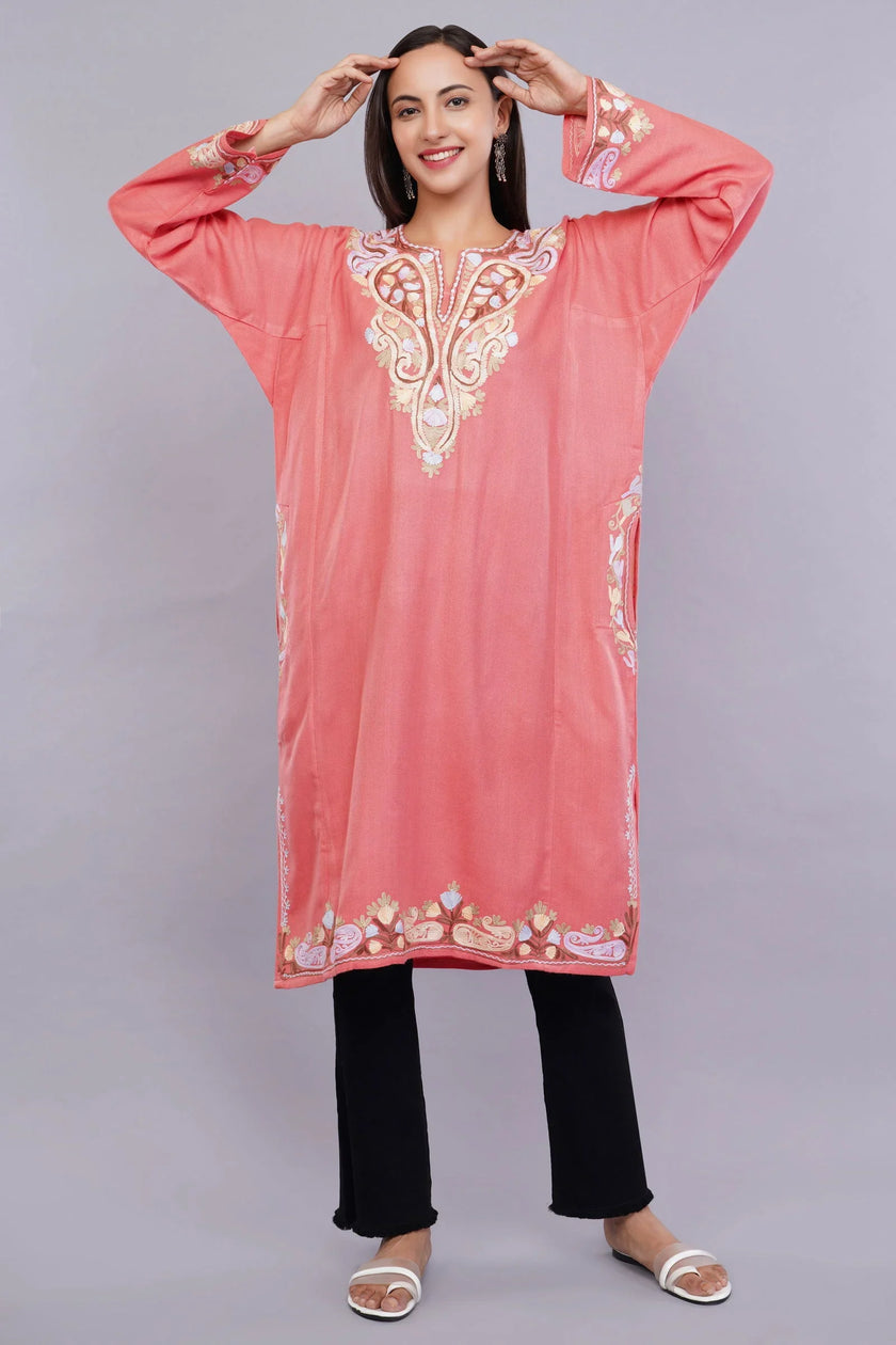 Rudy Pink Aari Embroidered Kashmiri Pheran - Kashmiri Pheran