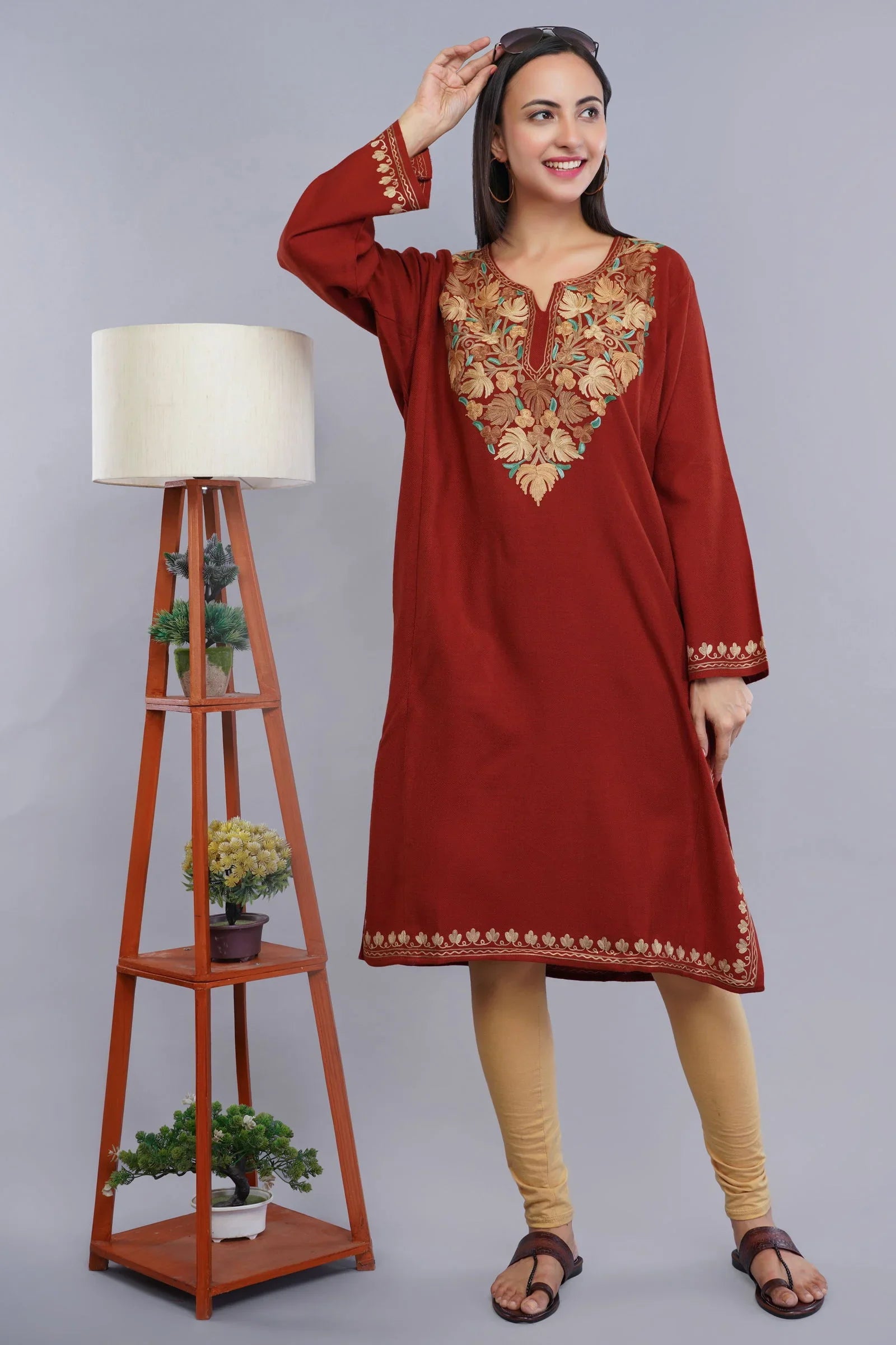 Rust Aari Embroidered Kashmiri Pheran with Light Brown and Summer Green Floral Motifs - Kashmiri Pheran