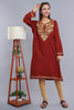 Rust Aari Embroidered Kashmiri Pheran with Light Brown and Summer Green Floral Motifs - Kashmiri Pheran
