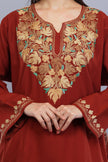 Rust Aari Embroidered Kashmiri Pheran with Light Brown and Summer Green Floral Motifs - Kashmiri Pheran