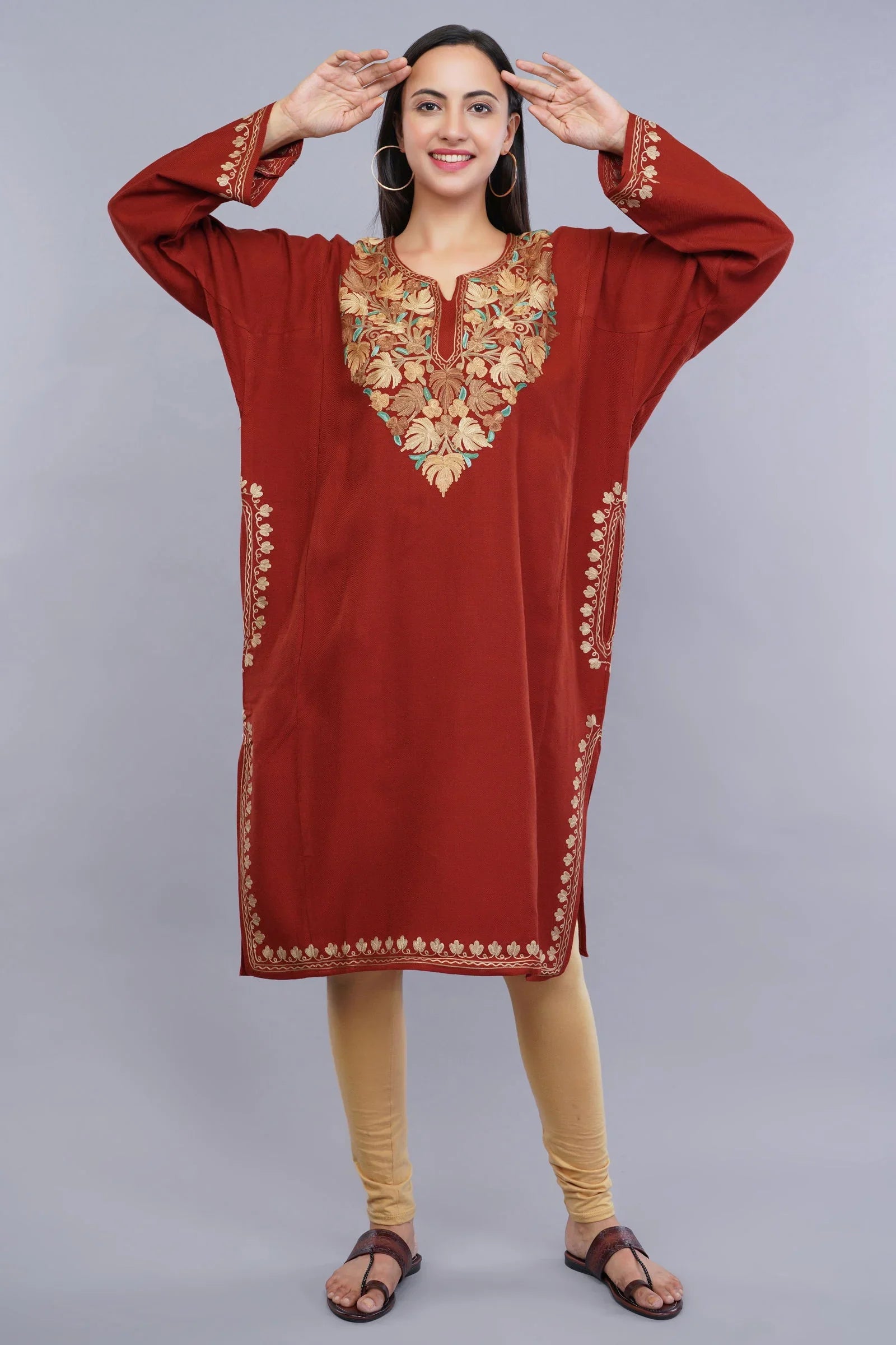 Rust Aari Embroidered Kashmiri Pheran with Light Brown and Summer Green Floral Motifs - Kashmiri Pheran
