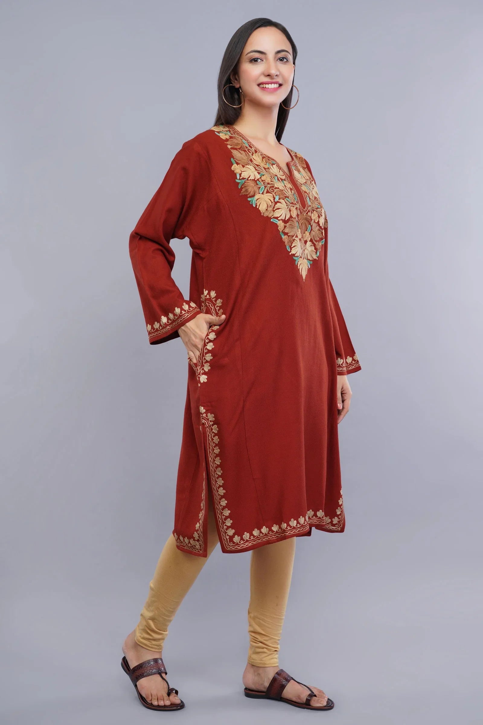 Rust Aari Embroidered Kashmiri Pheran with Light Brown and Summer Green Floral Motifs - Kashmiri Pheran