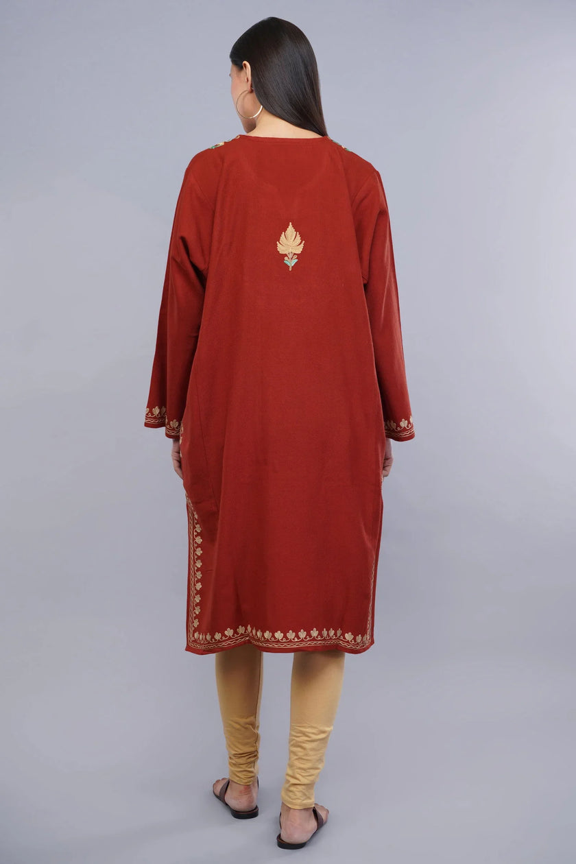 Rust Aari Embroidered Kashmiri Pheran with Light Brown and Summer Green Floral Motifs - Kashmiri Pheran