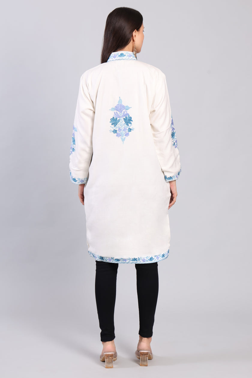 Shabnam-e-Firoza Ivory Kashmiri Wool Jacket with Aari Embroidery-Back