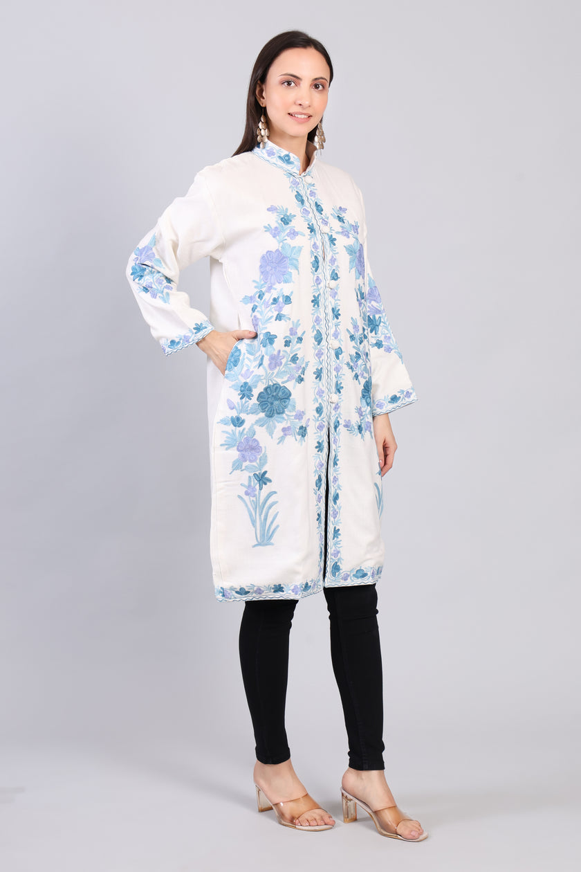 Shabnam-e-Firoza Ivory Kashmiri Wool Jacket with Aari Embroidery-Right Side