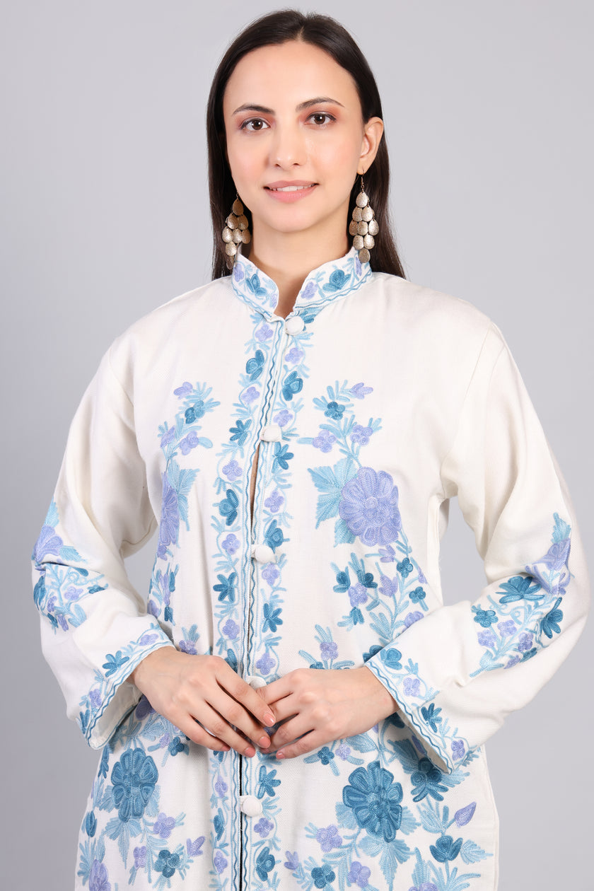Shabnam-e-Firoza Ivory Kashmiri Wool Jacket with Aari Embroidery-Zoom