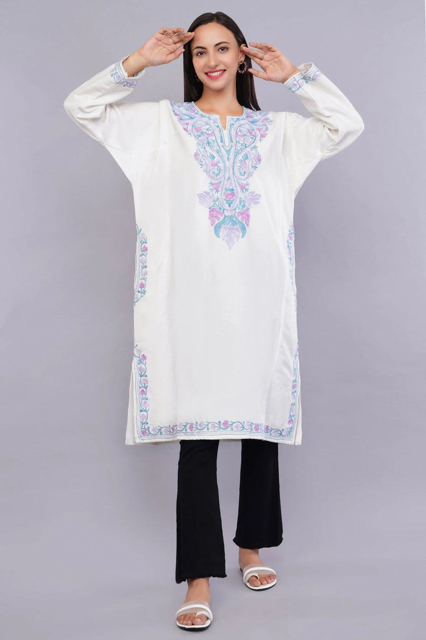 White Pheran with Light Lavender and Moonstone Blue Floral Aari Embroidery - Kashmiri Pheran