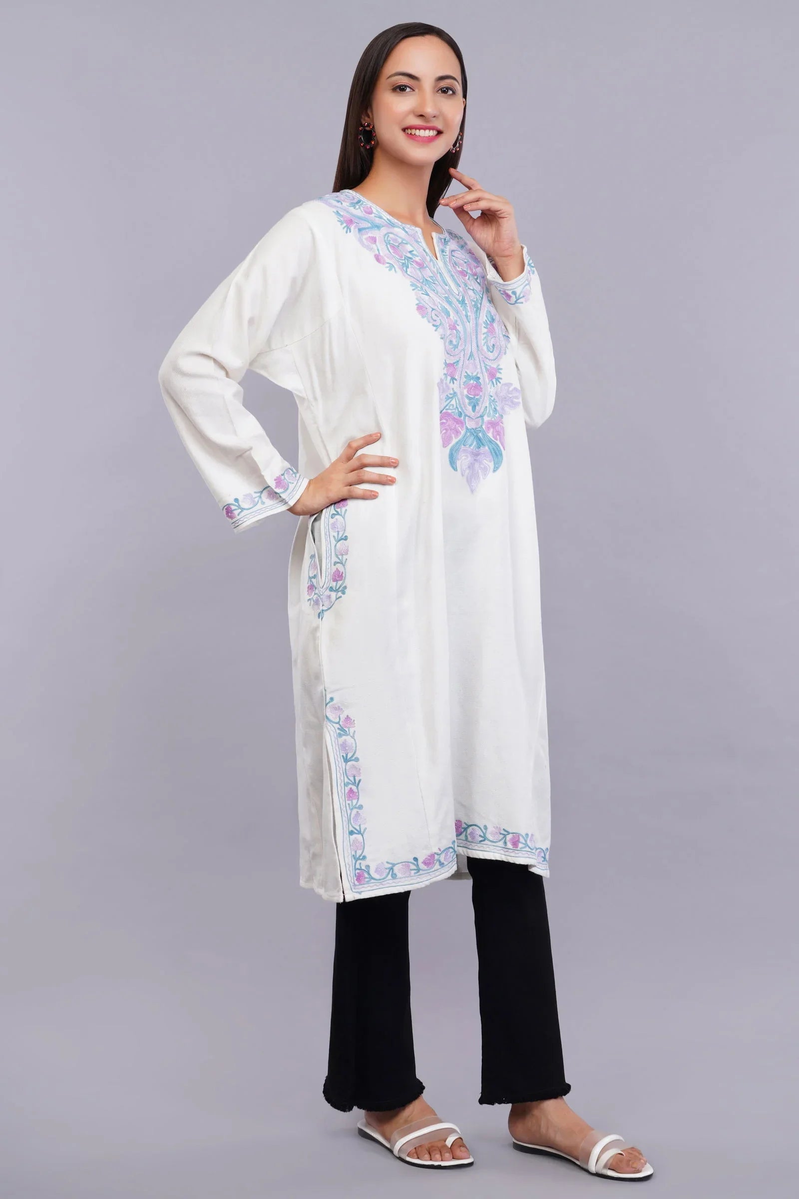 White Pheran with Light Lavender and Moonstone Blue Floral Aari Embroidery - Kashmiri Pheran