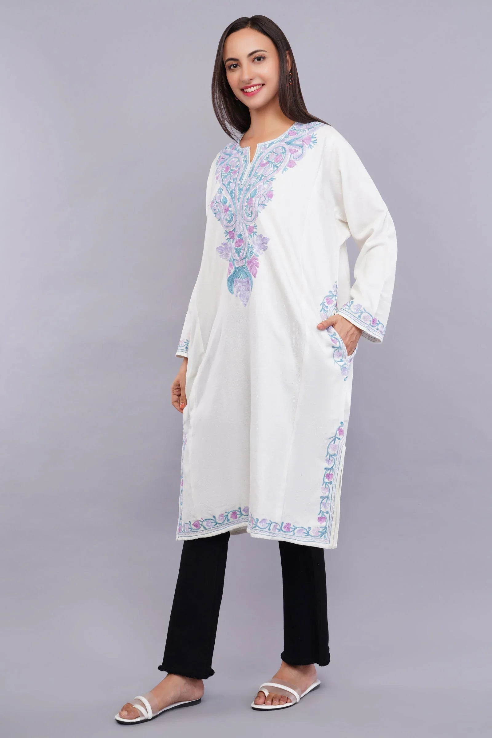 White Pheran with Light Lavender and Moonstone Blue Floral Aari Embroidery - Kashmiri Pheran