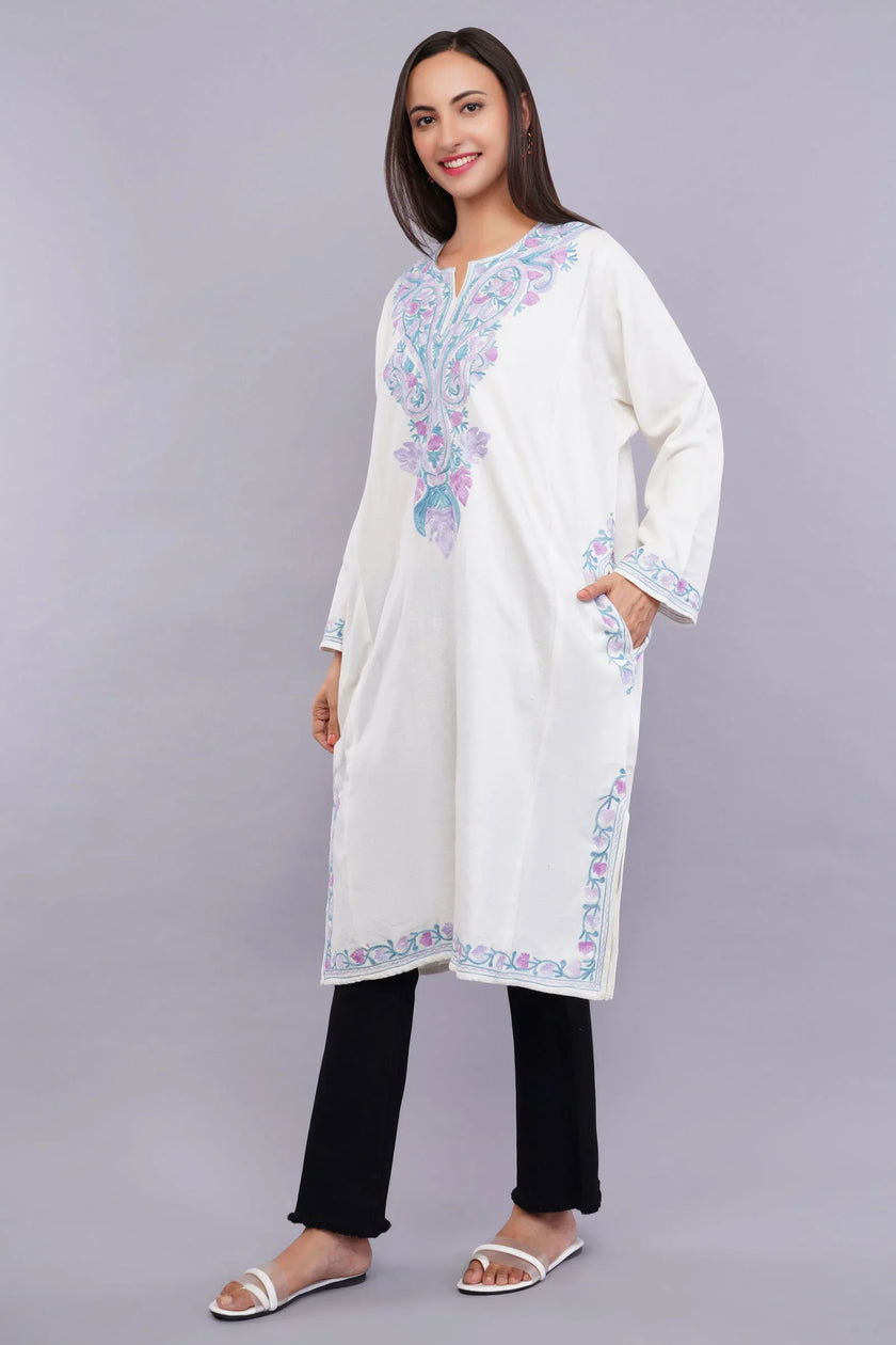 White Pheran with Light Lavender and Moonstone Blue Floral Aari Embroidery - Kashmiri Pheran