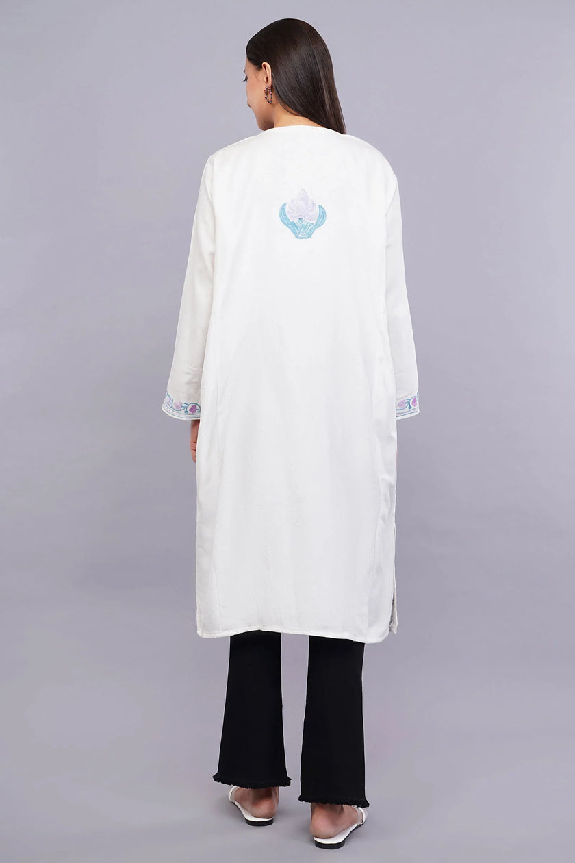 White Pheran with Light Lavender and Moonstone Blue Floral Aari Embroidery - Kashmiri Pheran