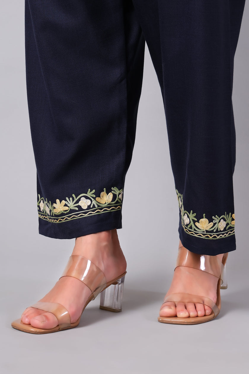 Woman wearing a navy blue traditional Cotton Summer Cord set with Aari embroidery- Bottom