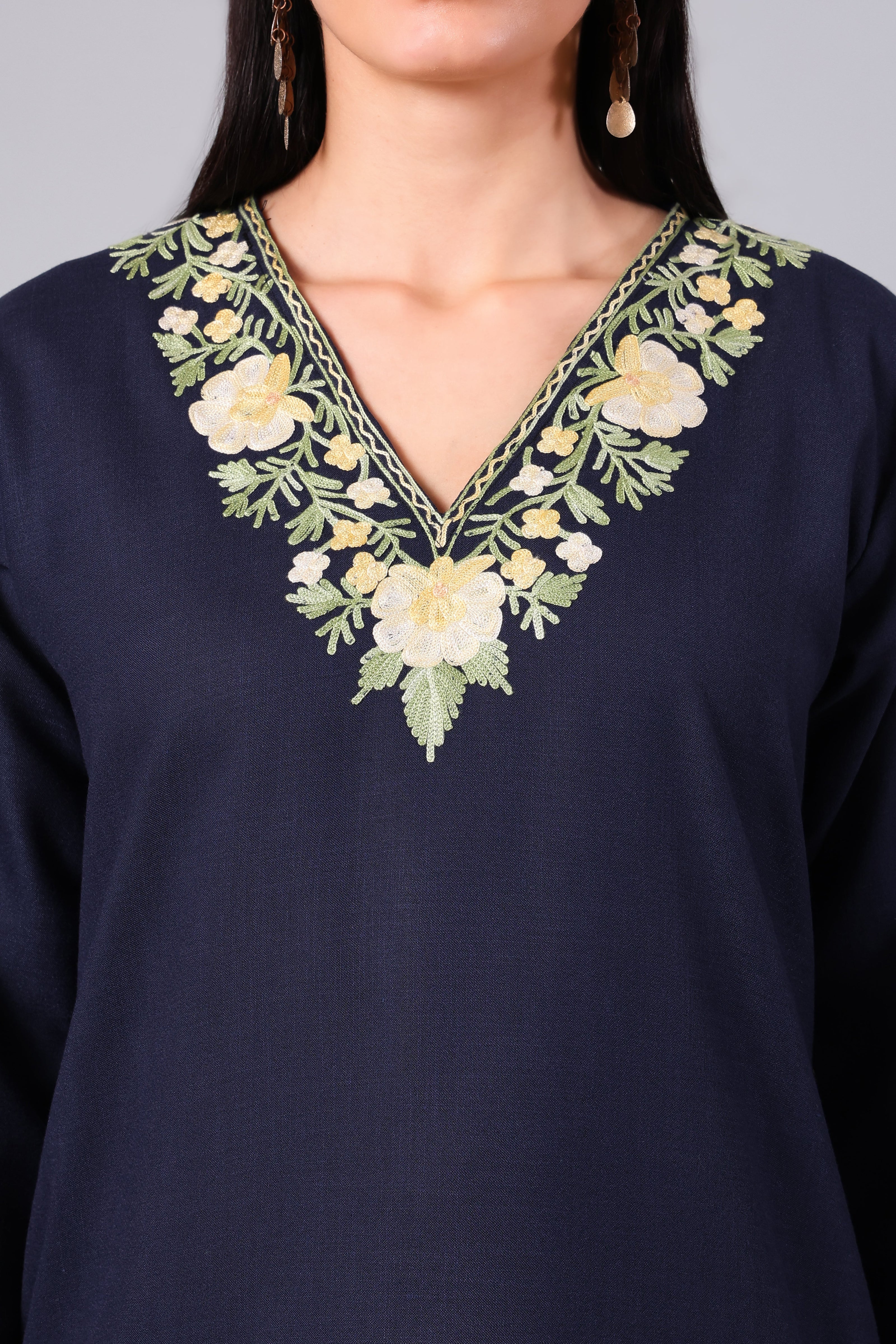 Woman wearing a navy blue traditional Cotton Summer Cord set with Aari embroidery- Zoom