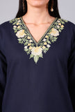 Woman wearing a navy blue traditional Cotton Summer Cord set with Aari embroidery- Zoom