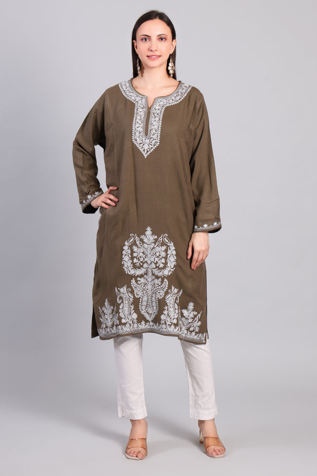 Zarq-e-Khak — Earth Brown Pheran with Ivory Zari Kashmiri Embroidery-Front